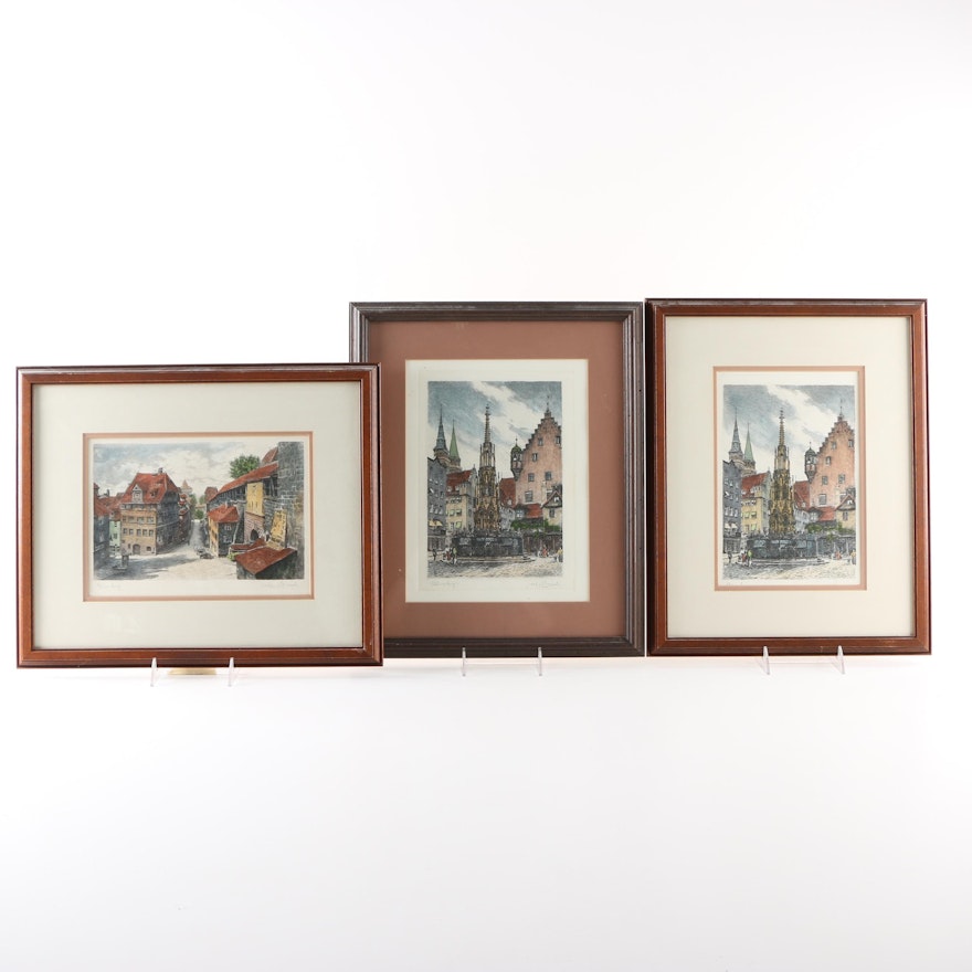 Albrecht Bruck Early 20th Century Hand-Colored Etchings of Nuremberg