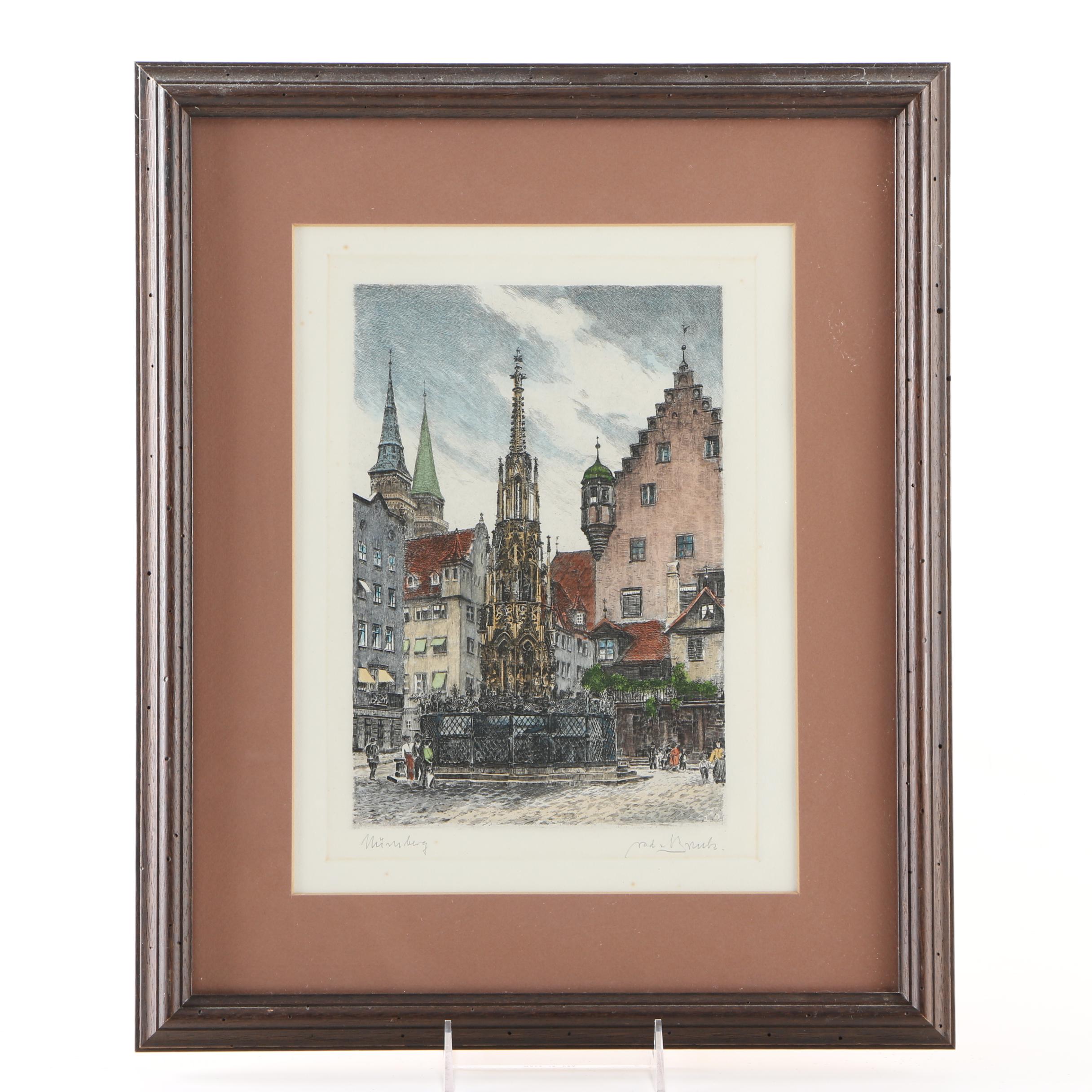 Albrecht Bruck Early 20th Century Hand-Colored Etchings of Nuremberg