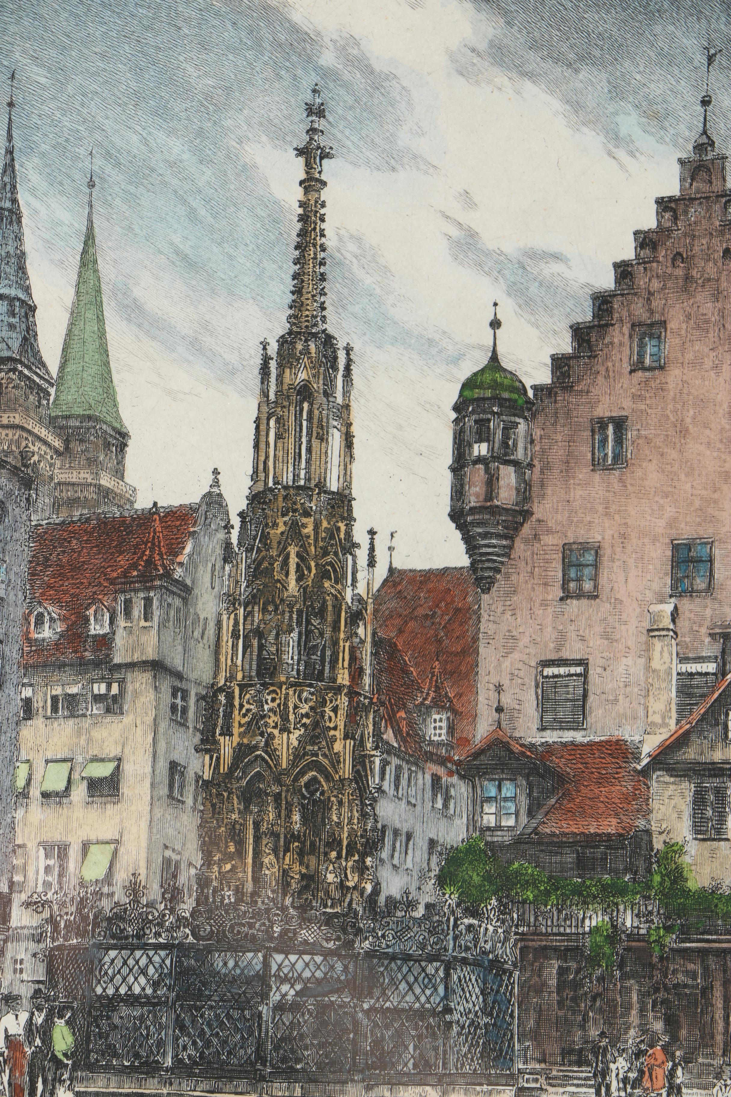 Albrecht Bruck Early 20th Century Hand-Colored Etchings of Nuremberg