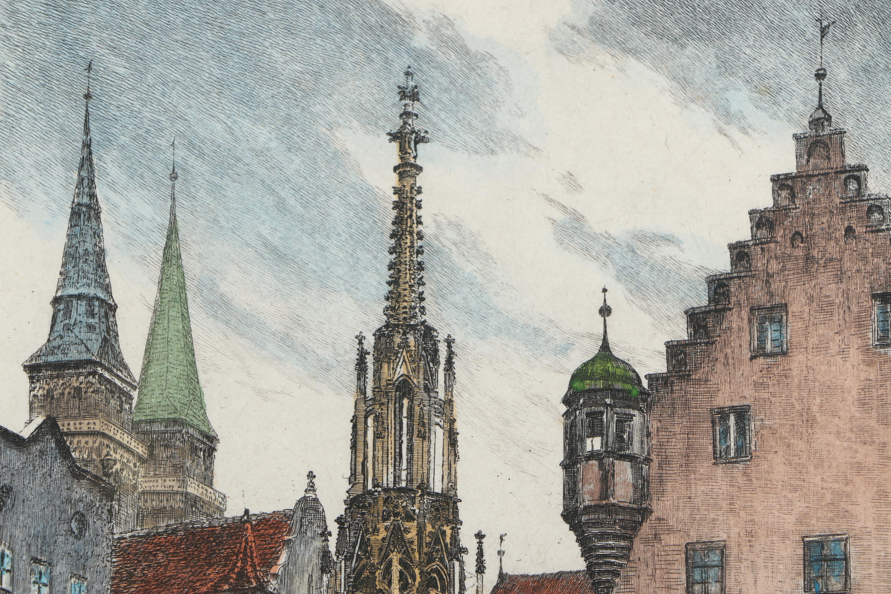 Albrecht Bruck Early 20th Century Hand-Colored Etchings of Nuremberg