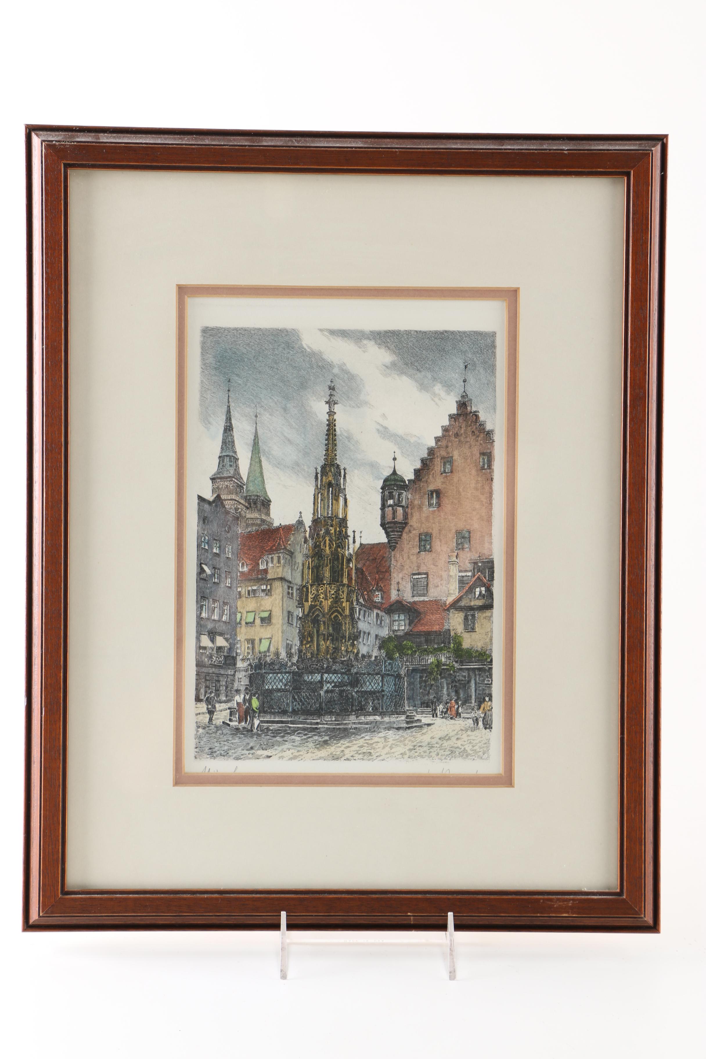 Albrecht Bruck Early 20th Century Hand-Colored Etchings of Nuremberg