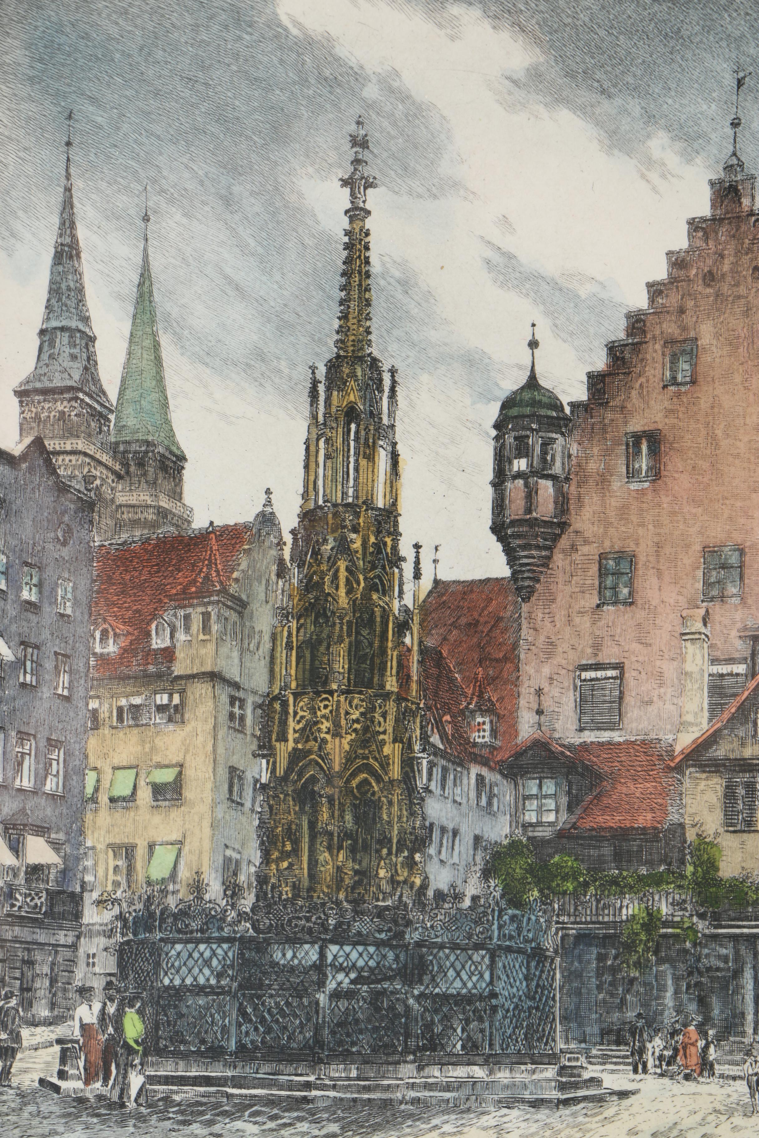 Albrecht Bruck Early 20th Century Hand-Colored Etchings of Nuremberg