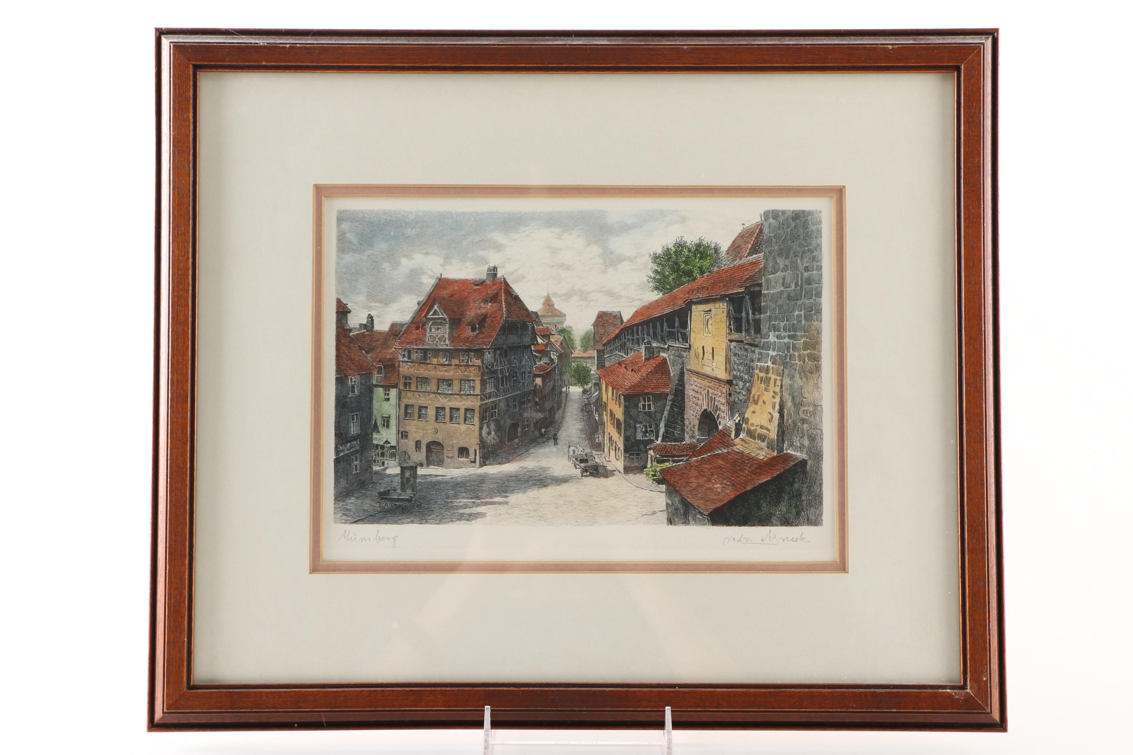 Albrecht Bruck Early 20th Century Hand-Colored Etchings of Nuremberg