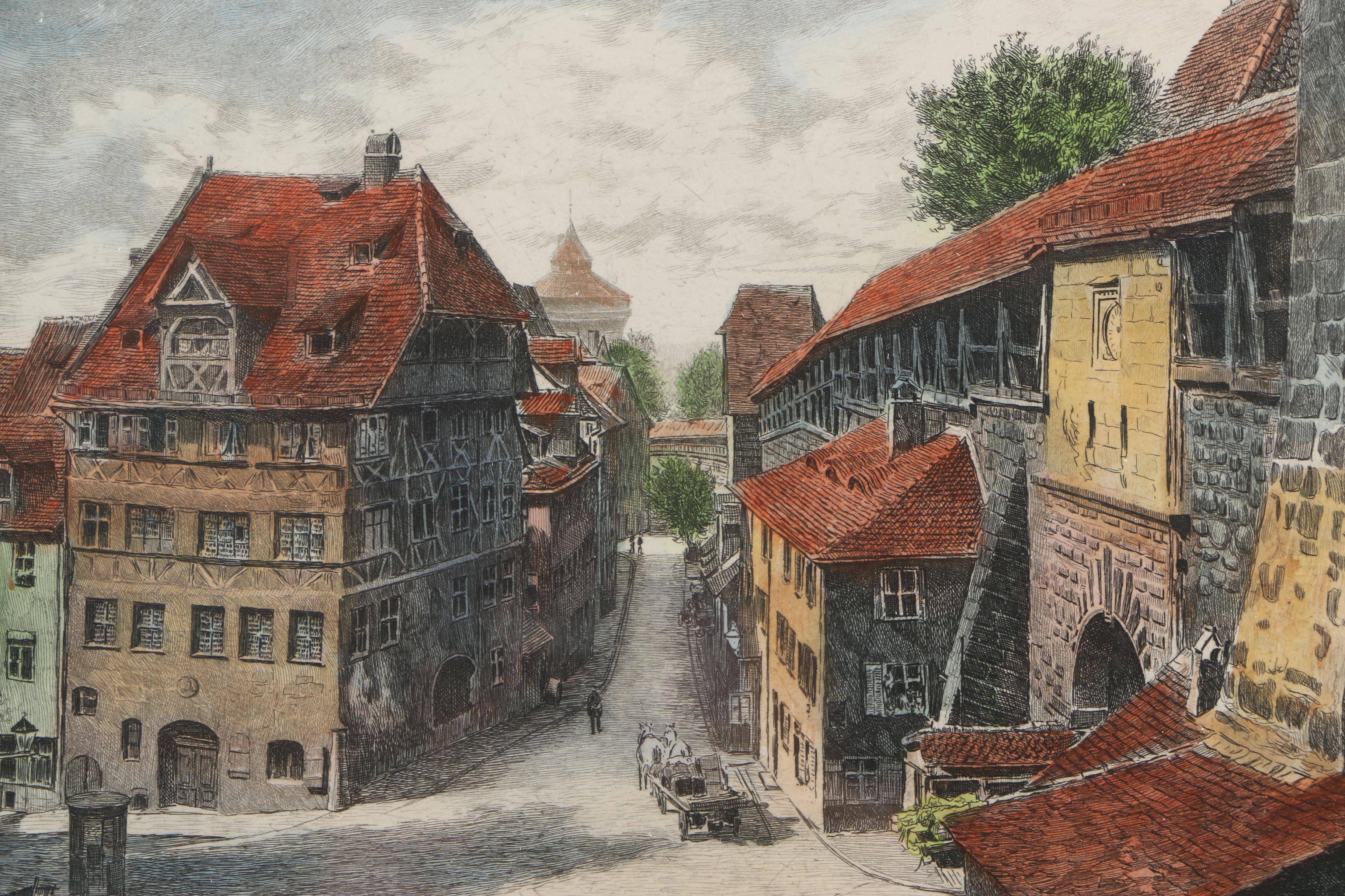 Albrecht Bruck Early 20th Century Hand-Colored Etchings of Nuremberg