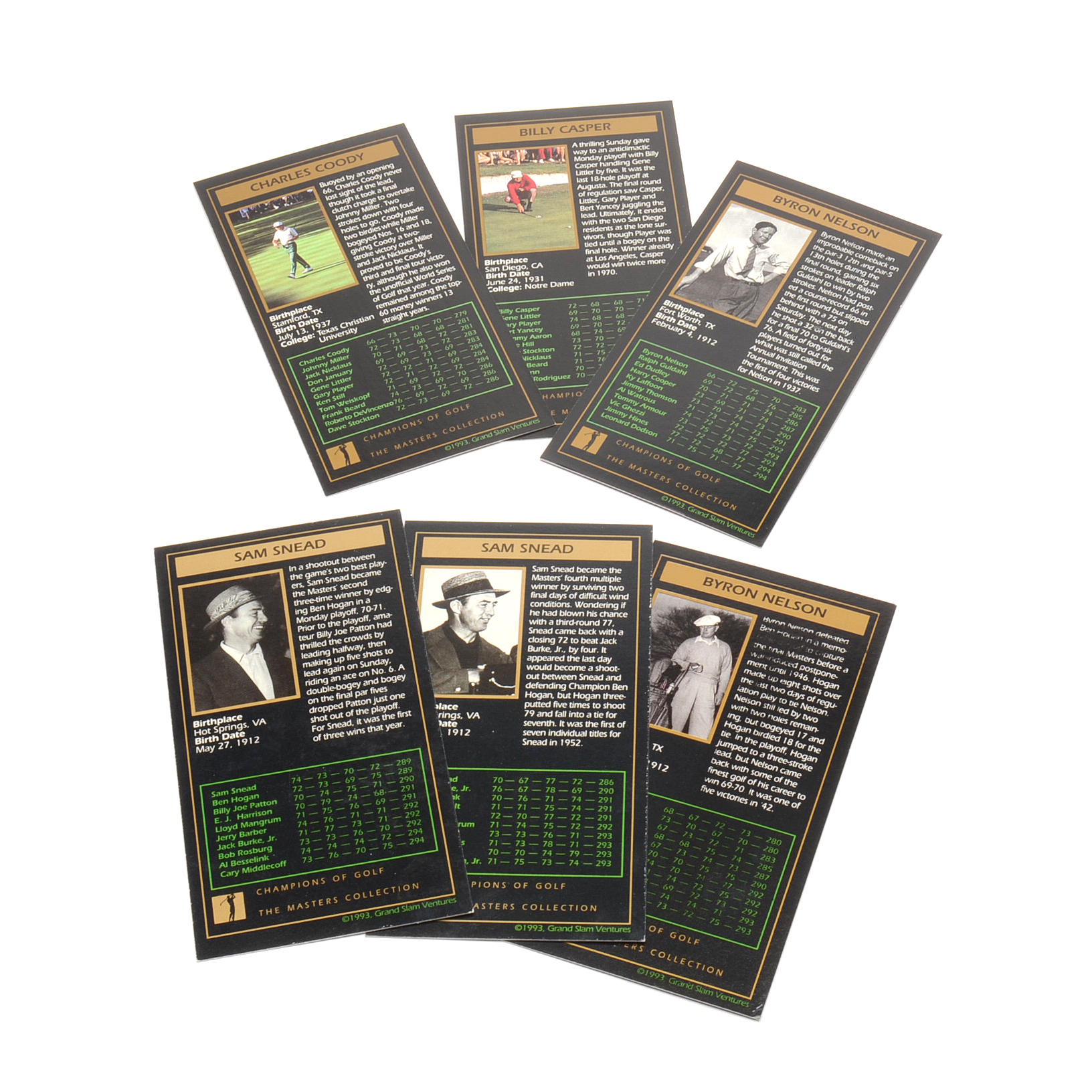 Six 1993 Casper, Nelson, Snead, Coody Signed PGA Golf Cards