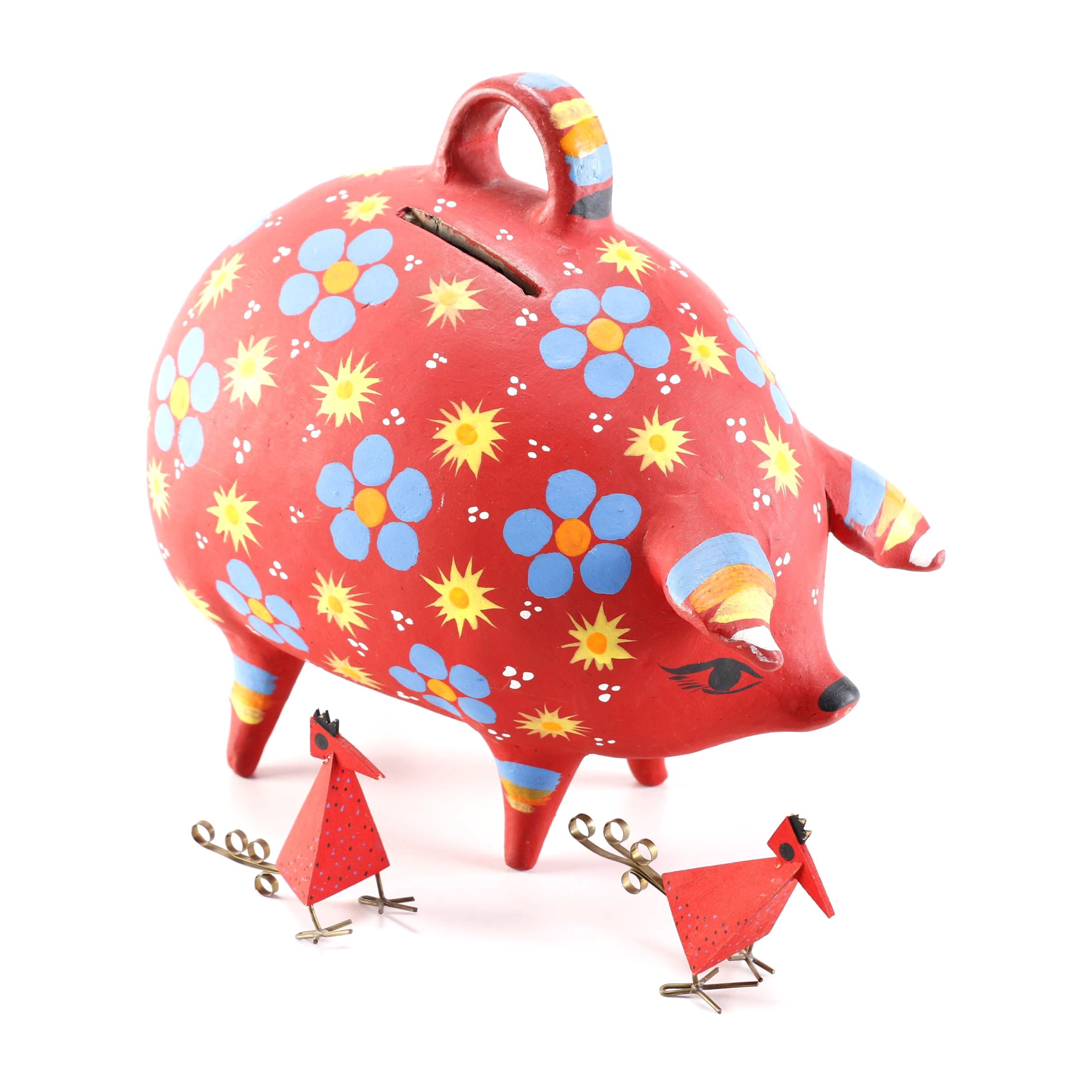 Handmade Red Piggy Bank and Bird Sculptures