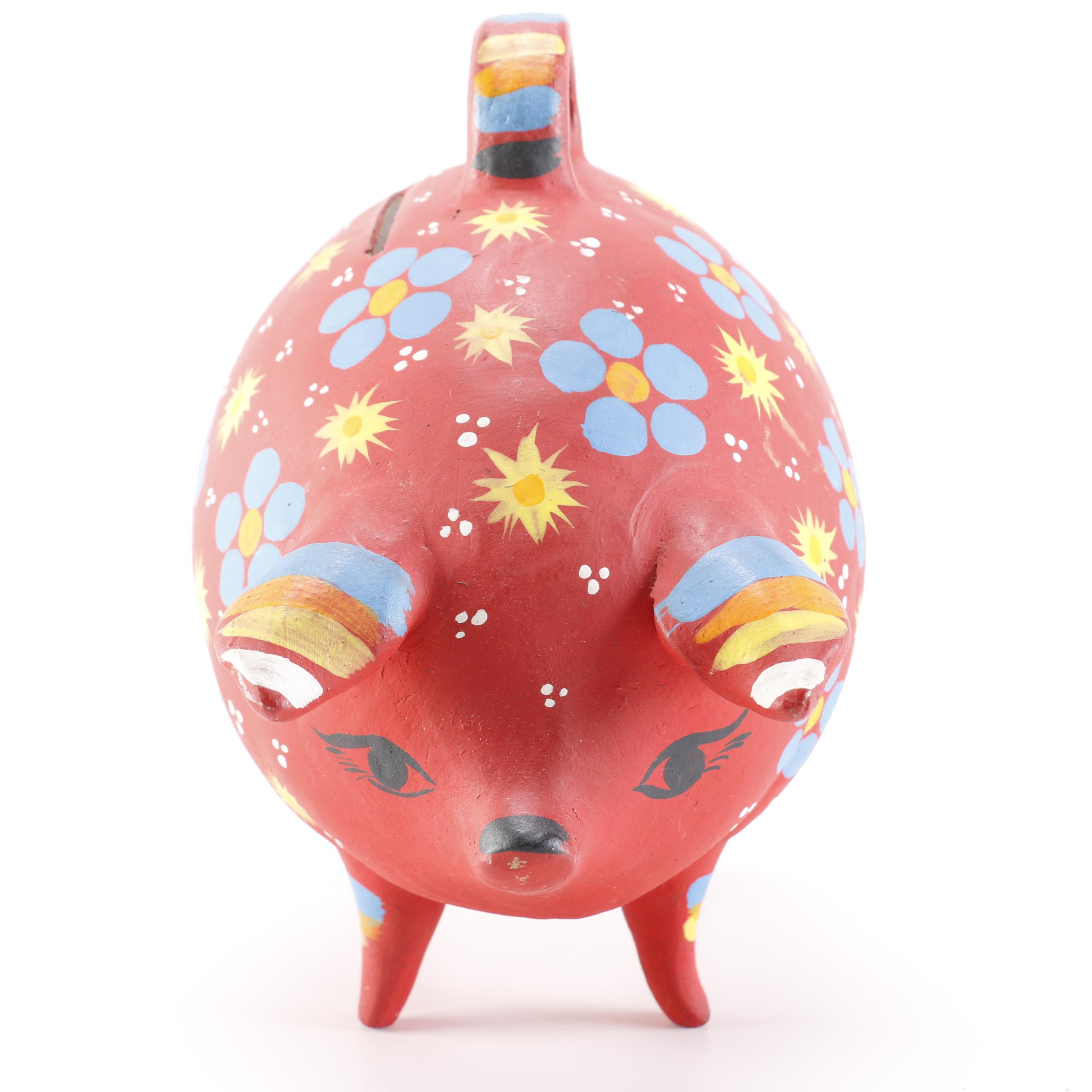 Handmade Red Piggy Bank and Bird Sculptures