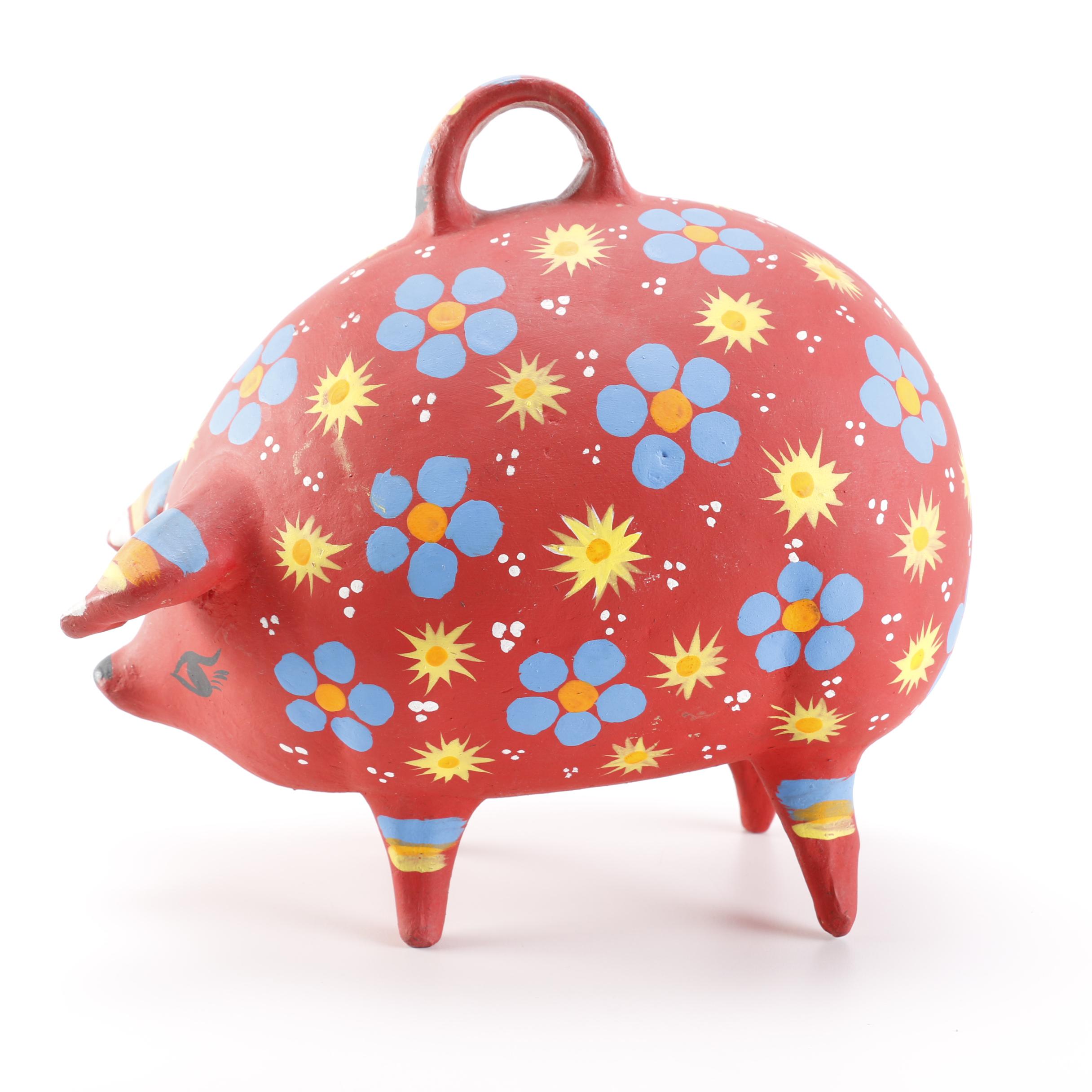 Handmade Red Piggy Bank and Bird Sculptures