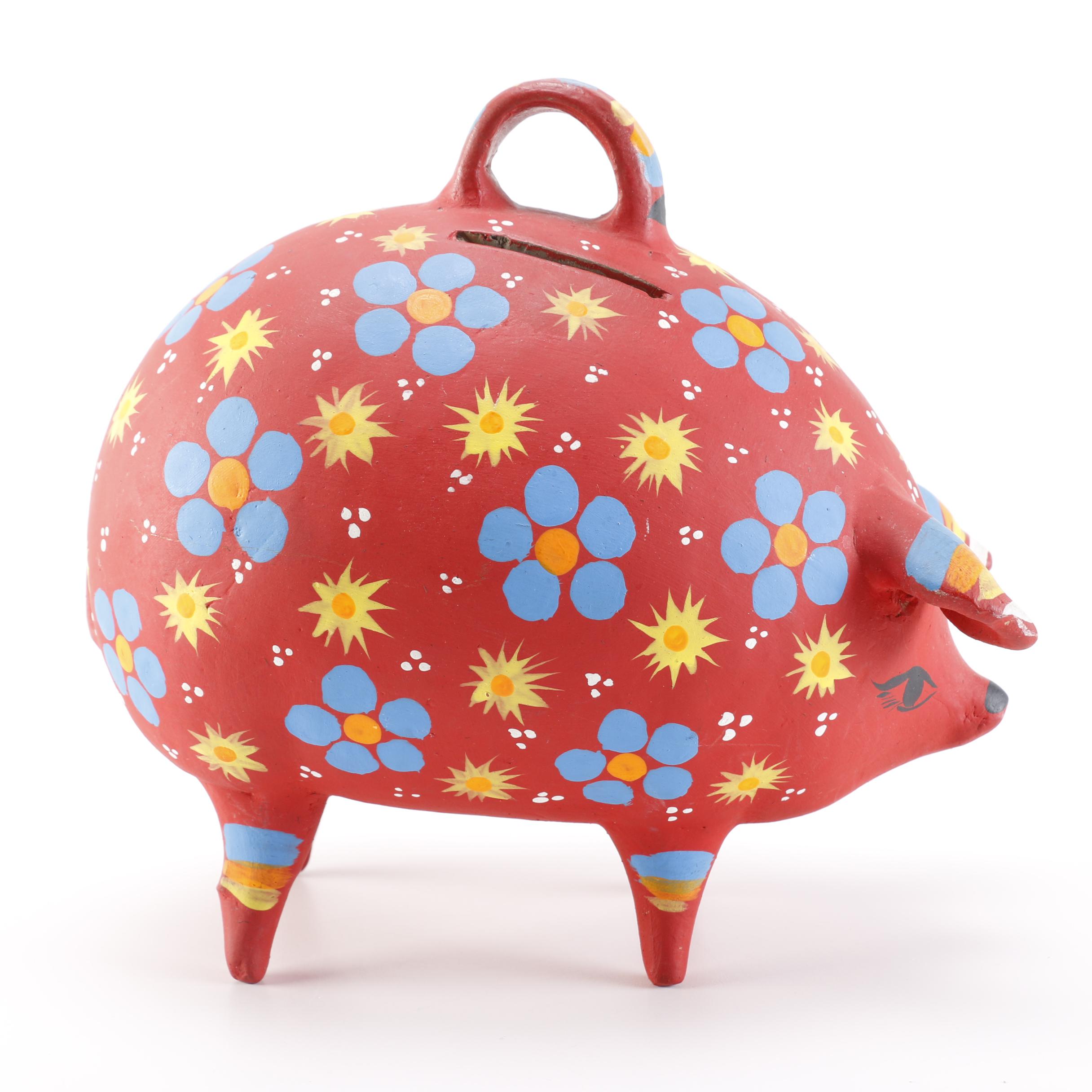 Handmade Red Piggy Bank and Bird Sculptures