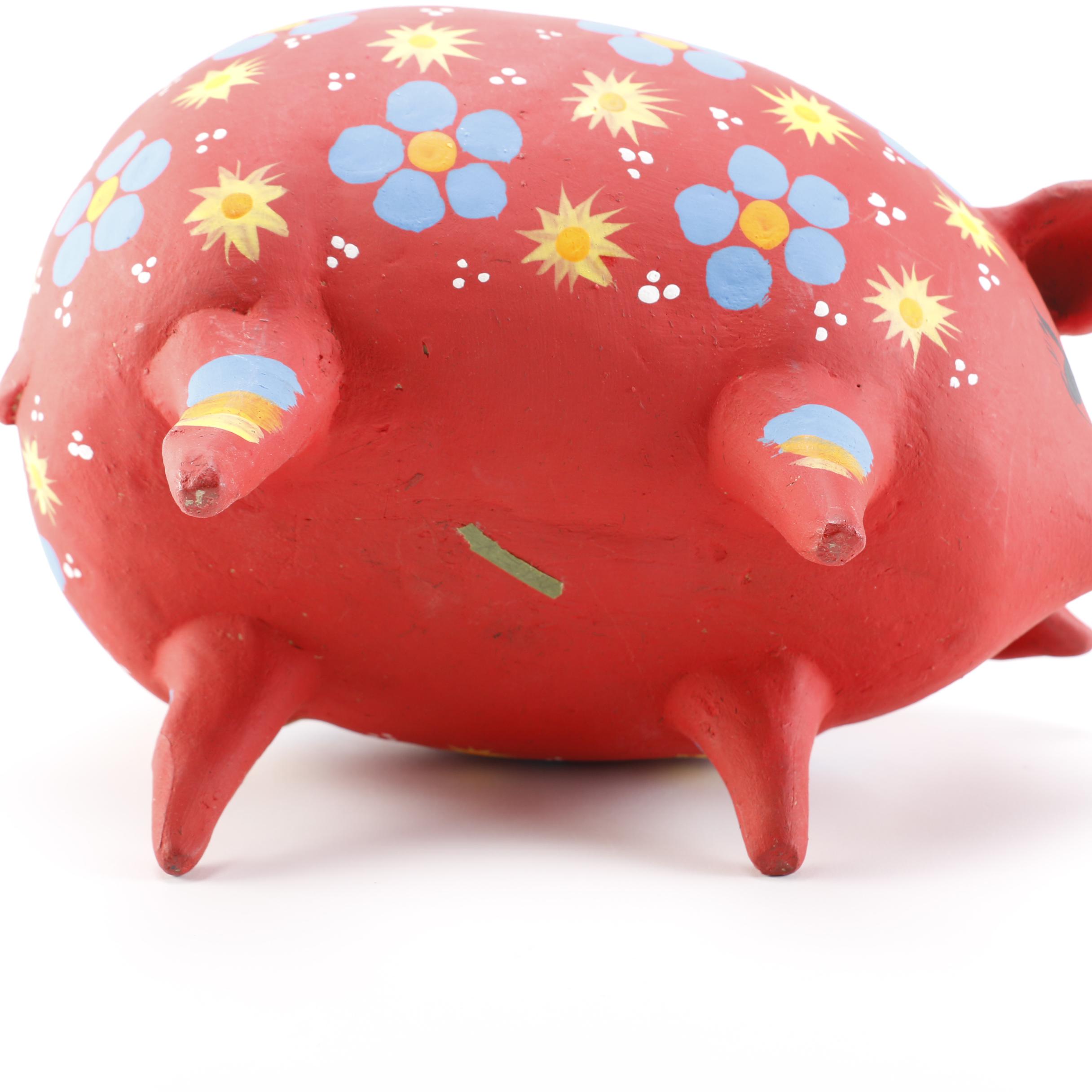 Handmade Red Piggy Bank and Bird Sculptures