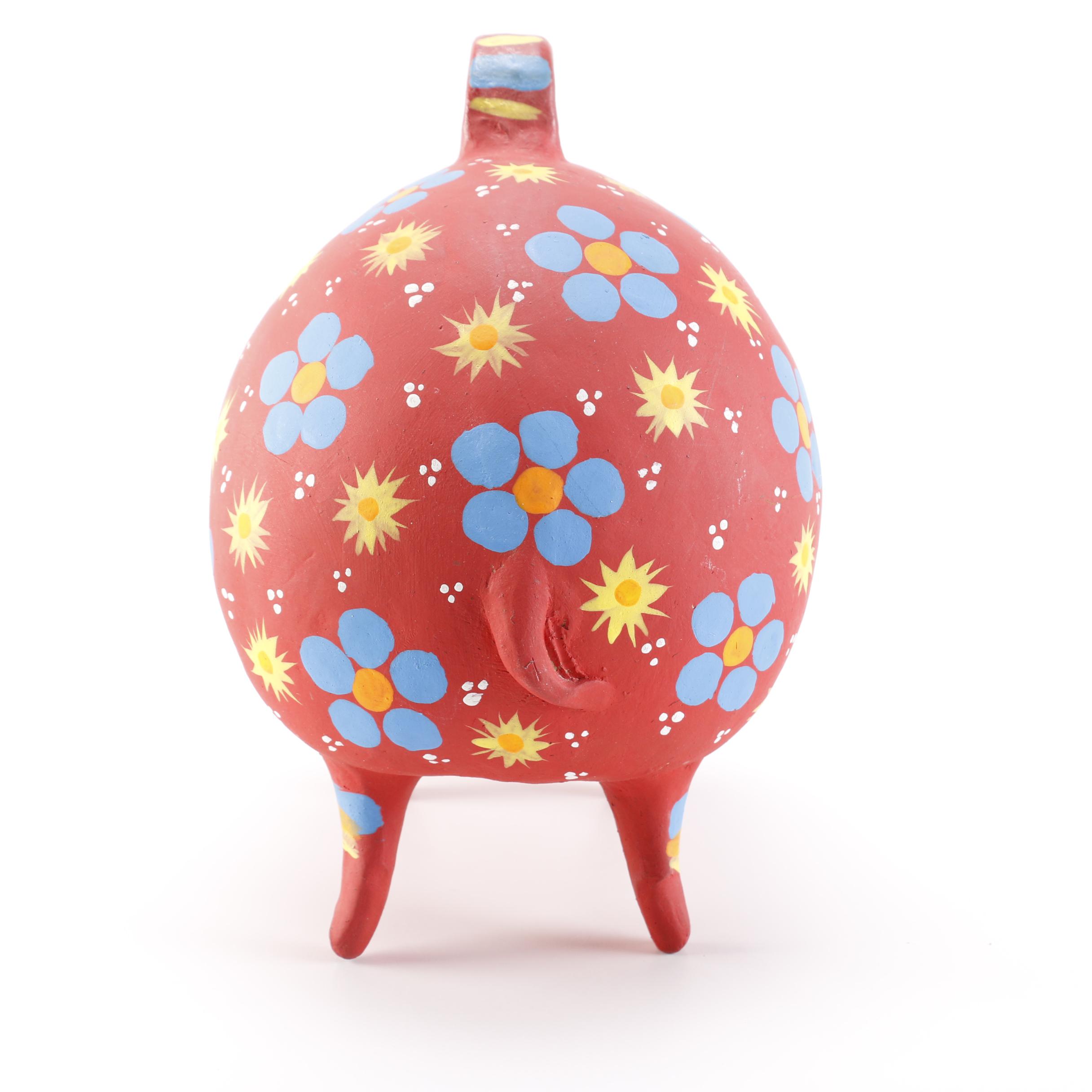 Handmade Red Piggy Bank and Bird Sculptures