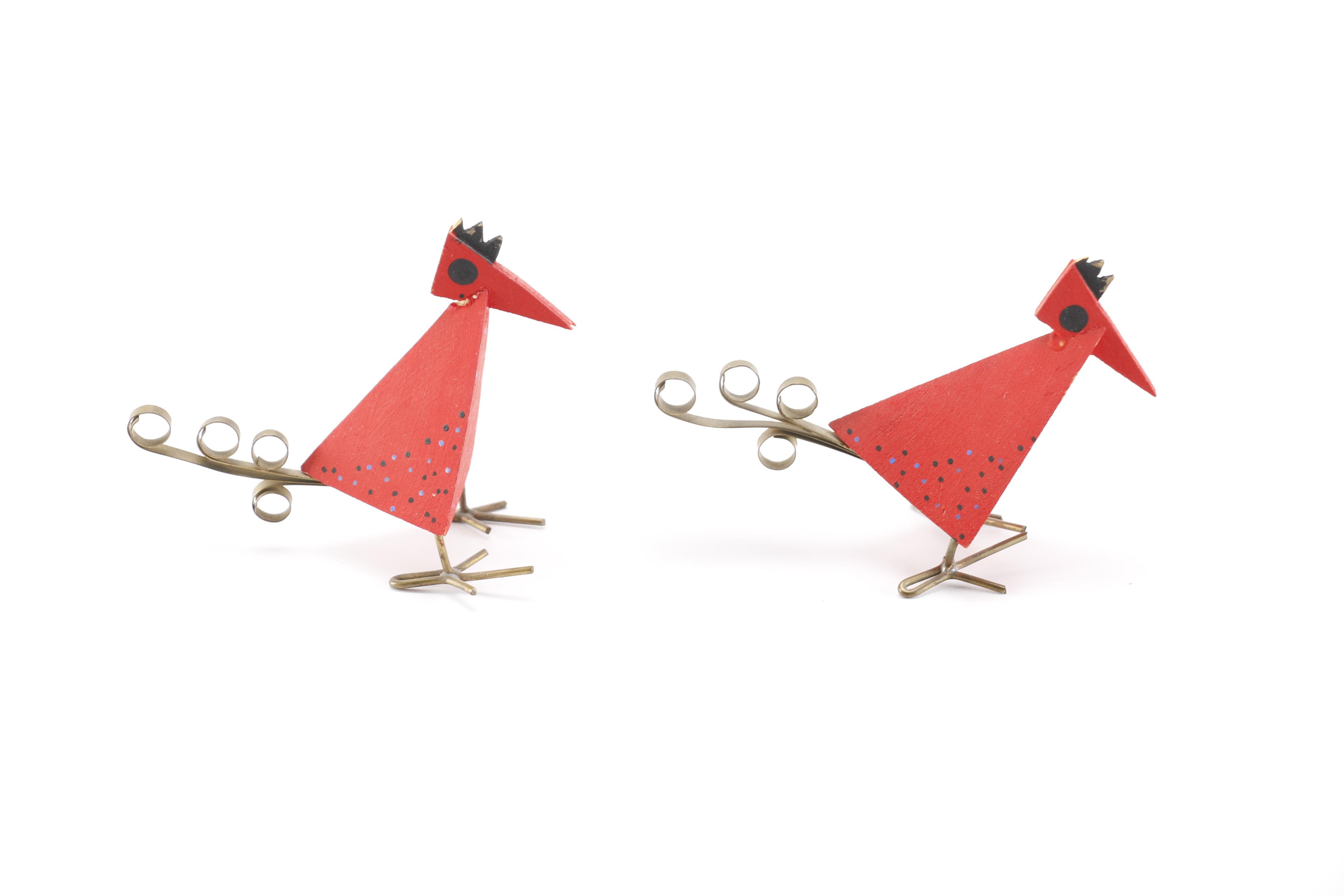 Handmade Red Piggy Bank and Bird Sculptures