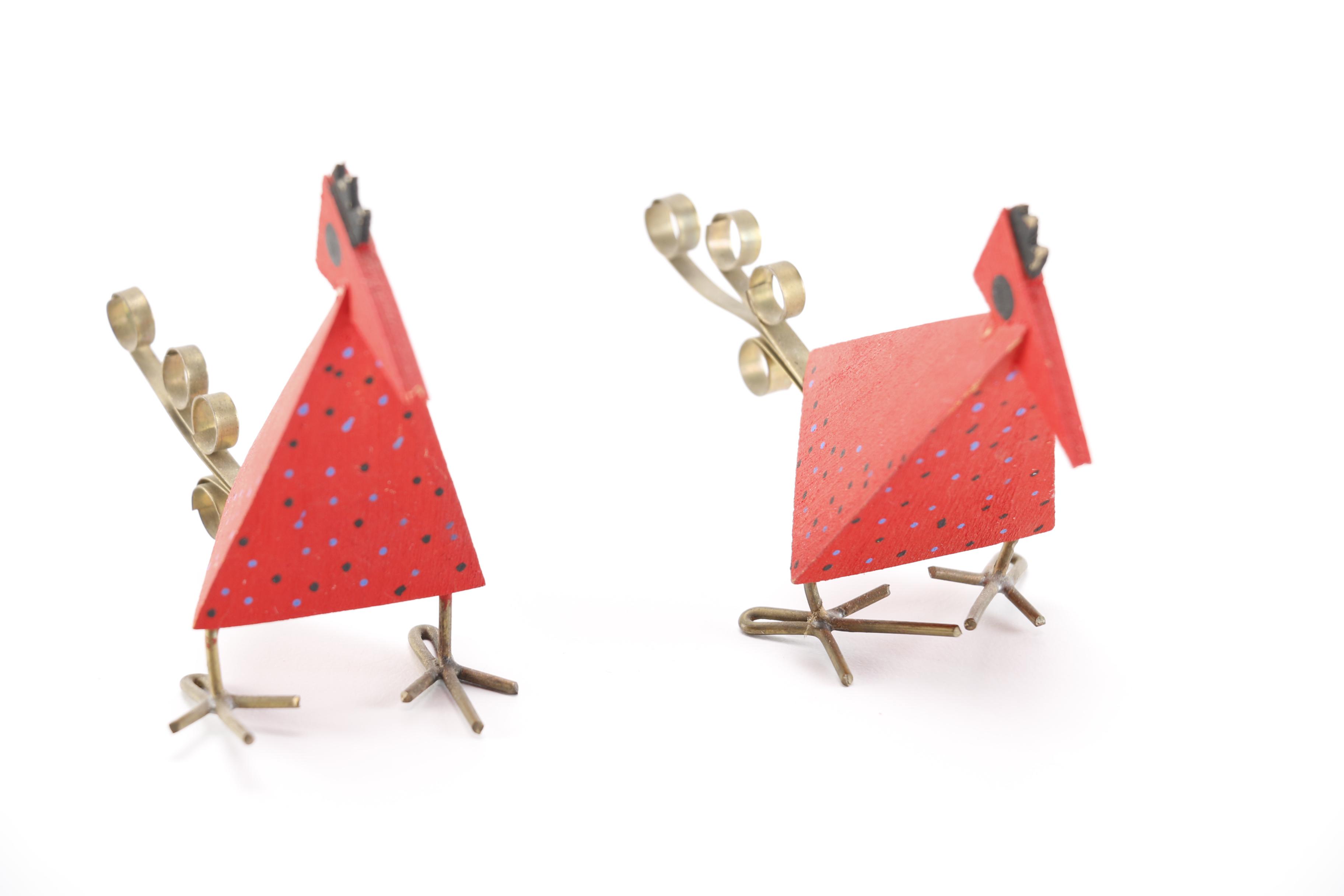 Handmade Red Piggy Bank and Bird Sculptures