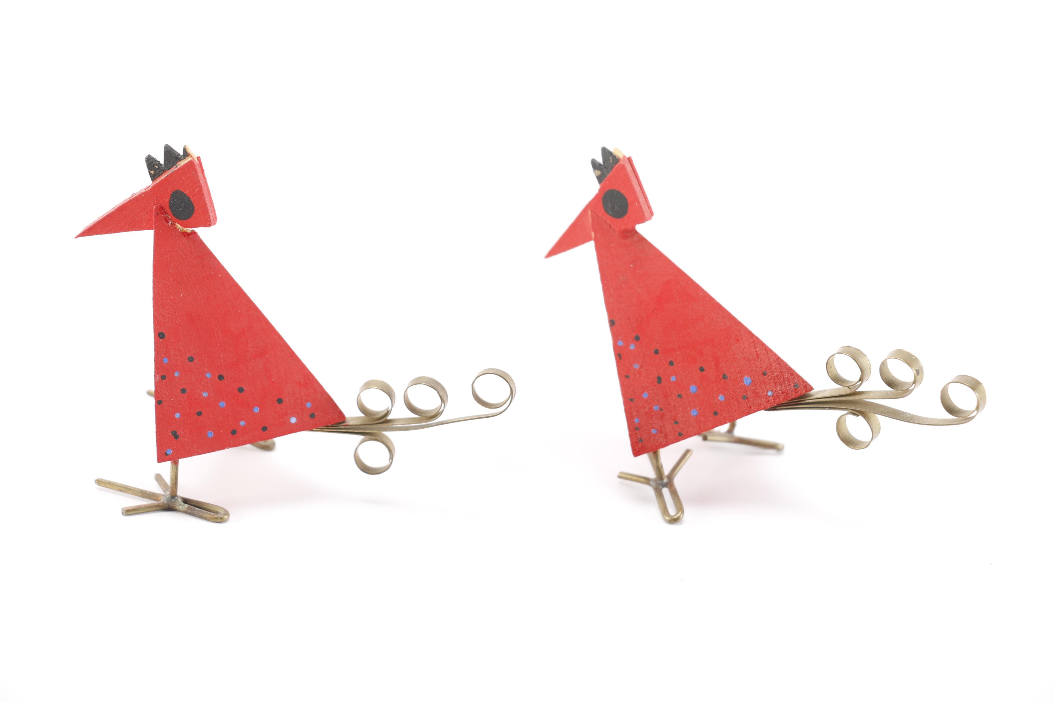 Handmade Red Piggy Bank and Bird Sculptures