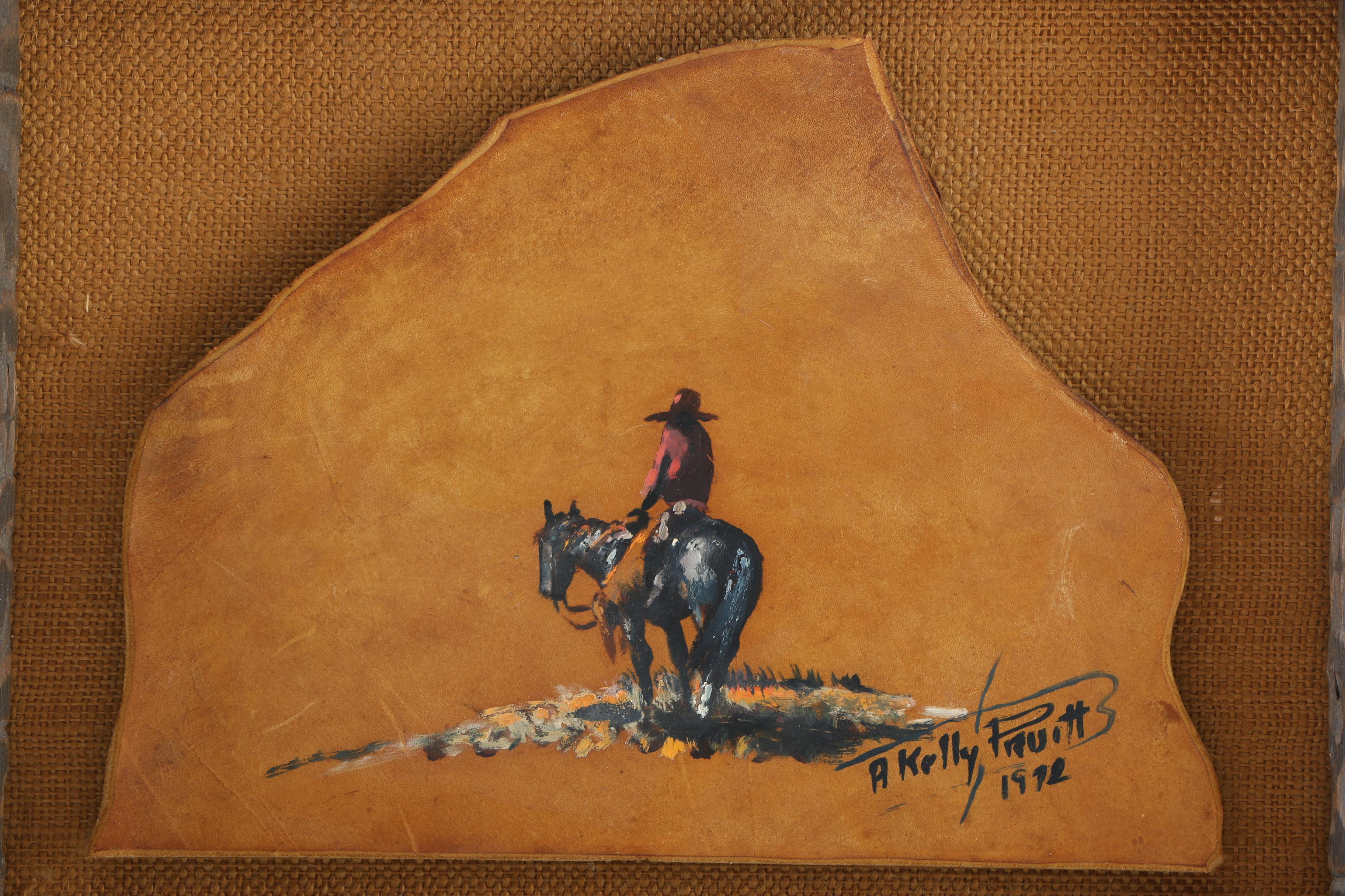 A. Kelly Pruit Oil Painting on Leather of a Cowboy