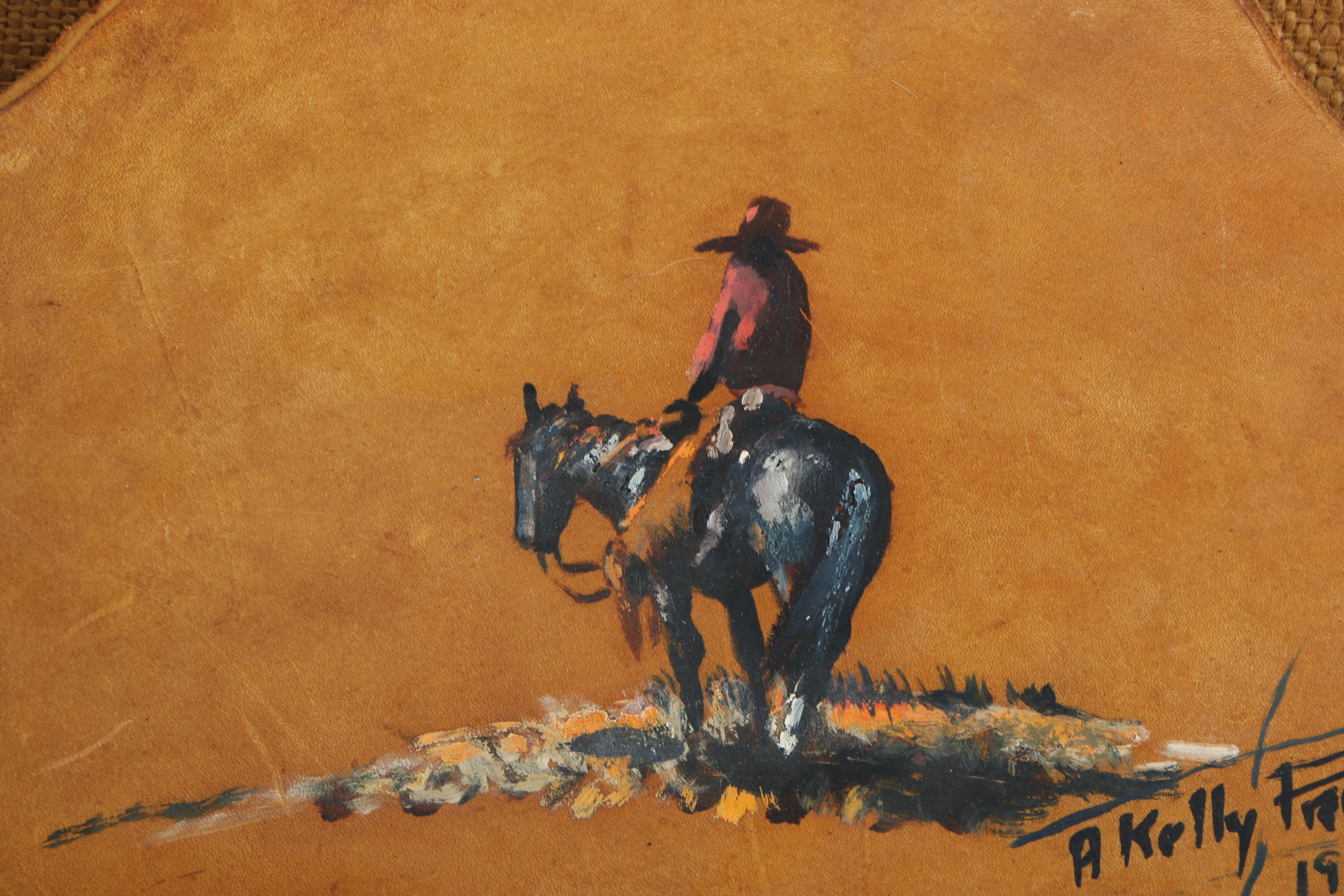 A. Kelly Pruit Oil Painting on Leather of a Cowboy