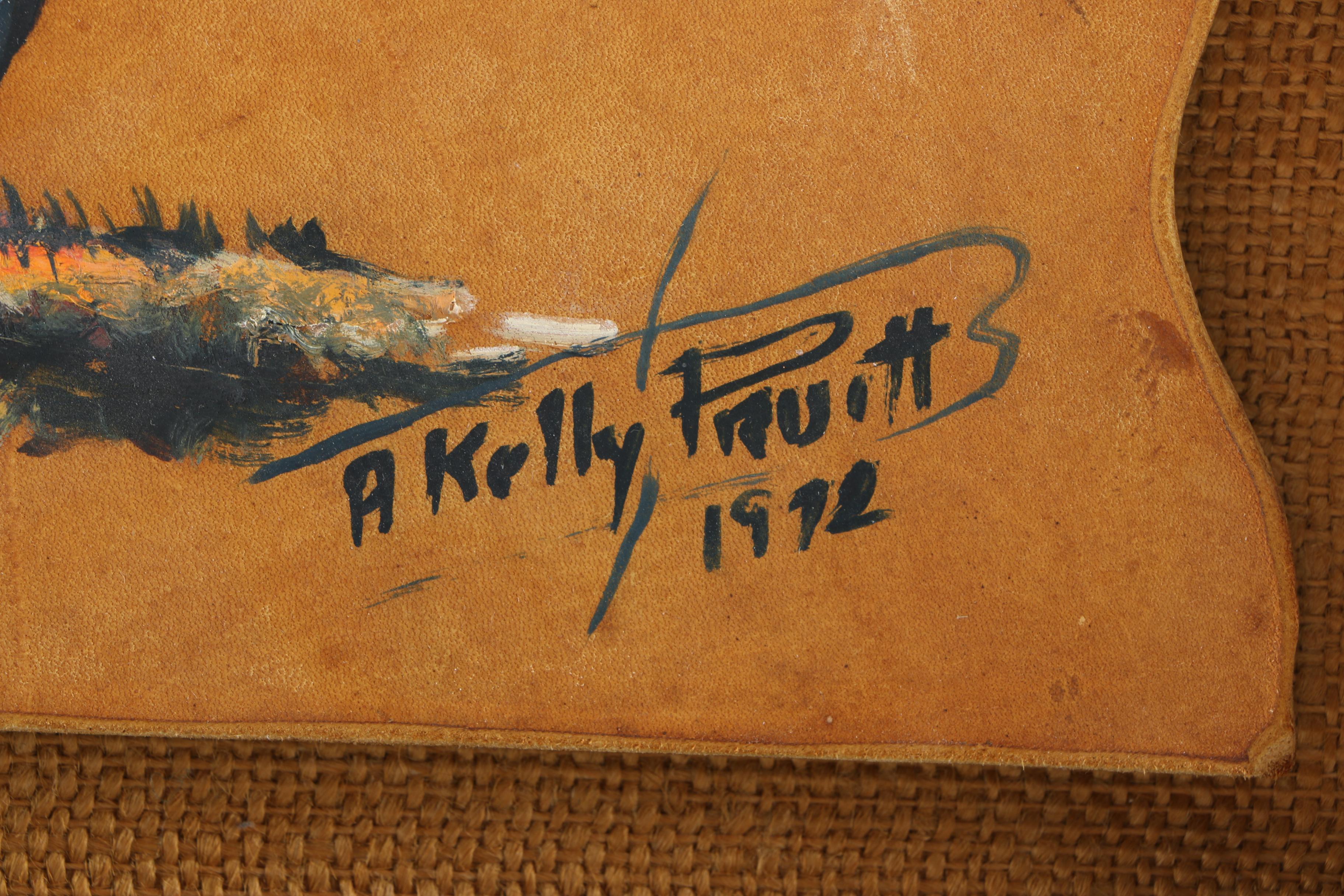 A. Kelly Pruit Oil Painting on Leather of a Cowboy