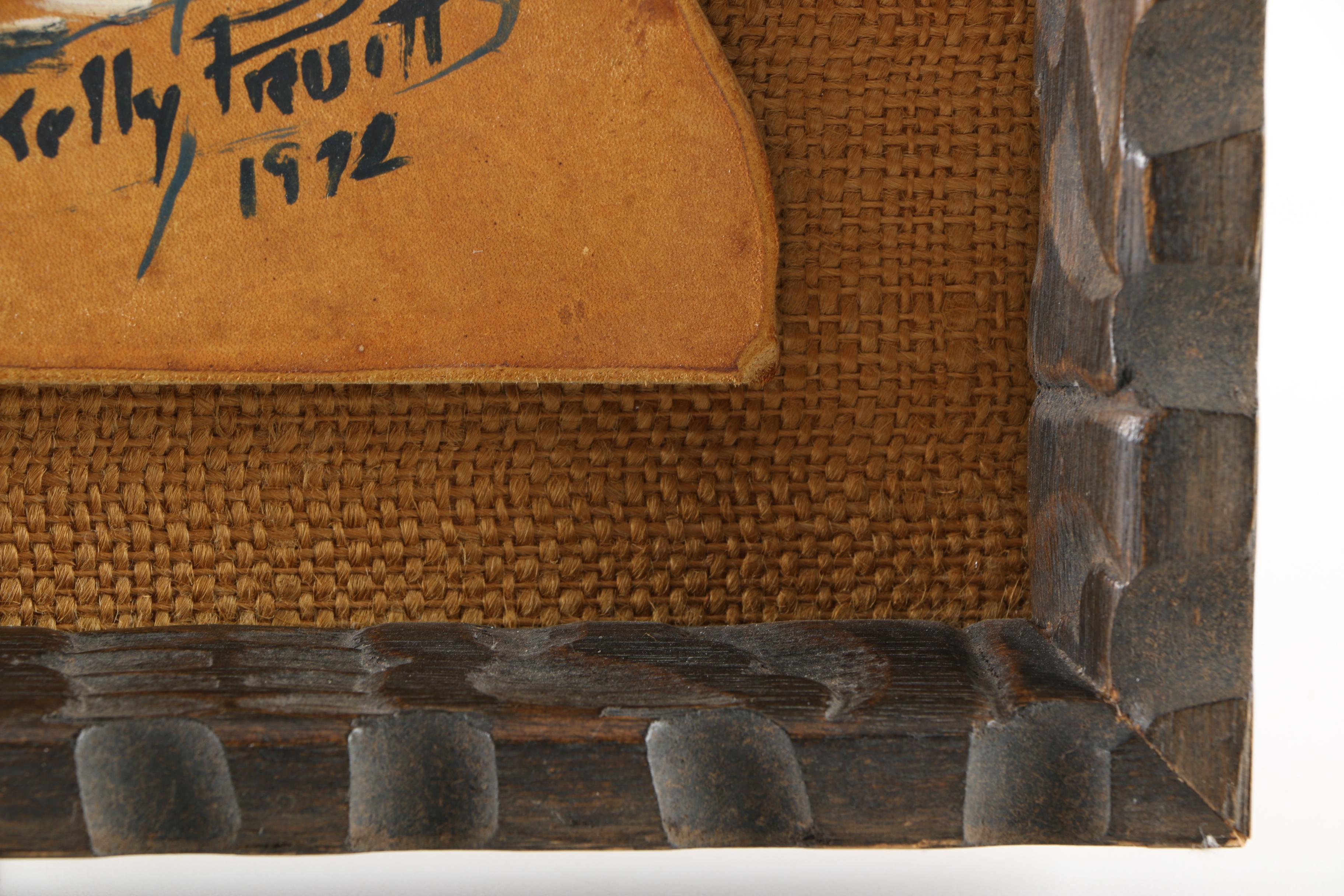 A. Kelly Pruit Oil Painting on Leather of a Cowboy