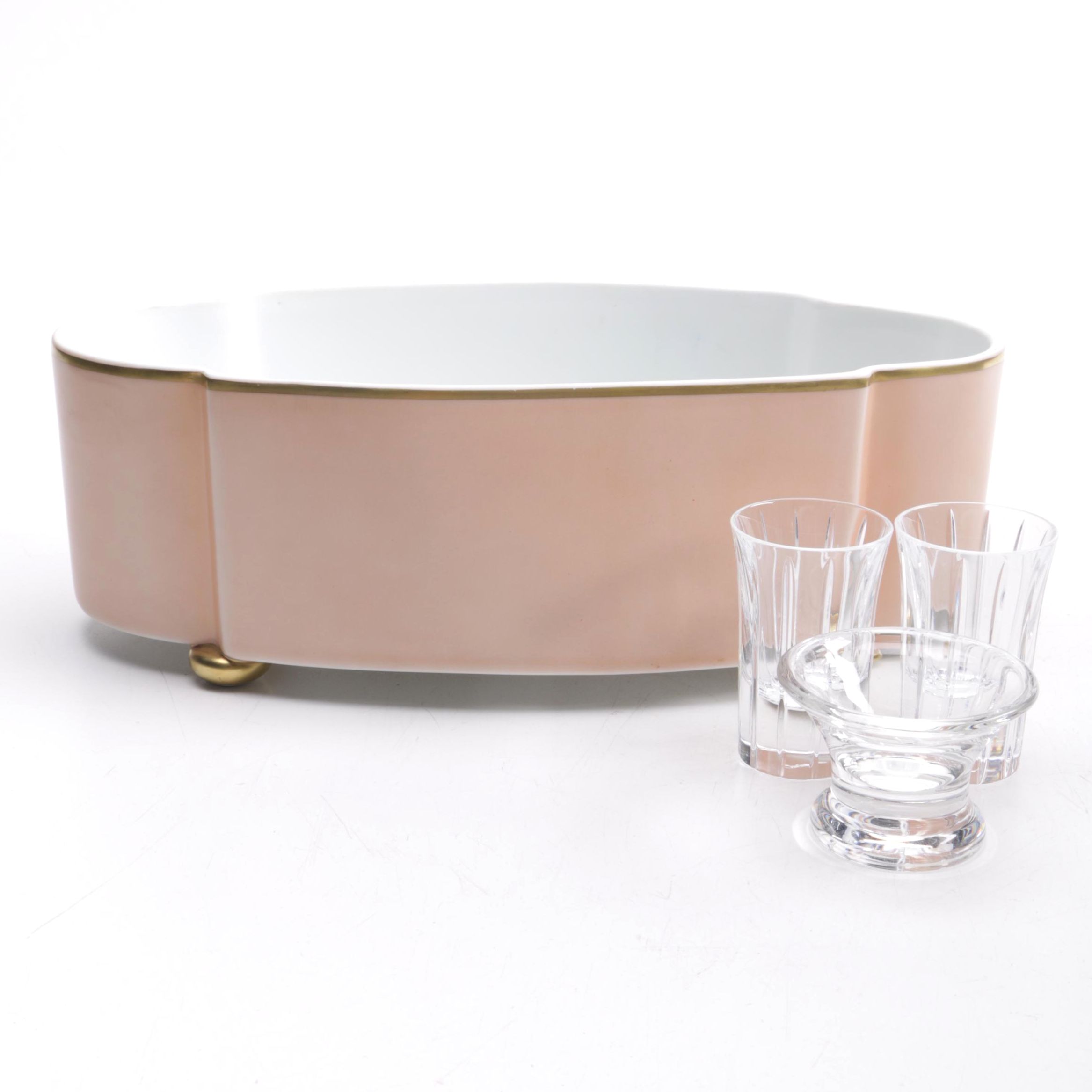 Mottahedeh Ceramic Bowl, Shot Glasses and a Glass Dish