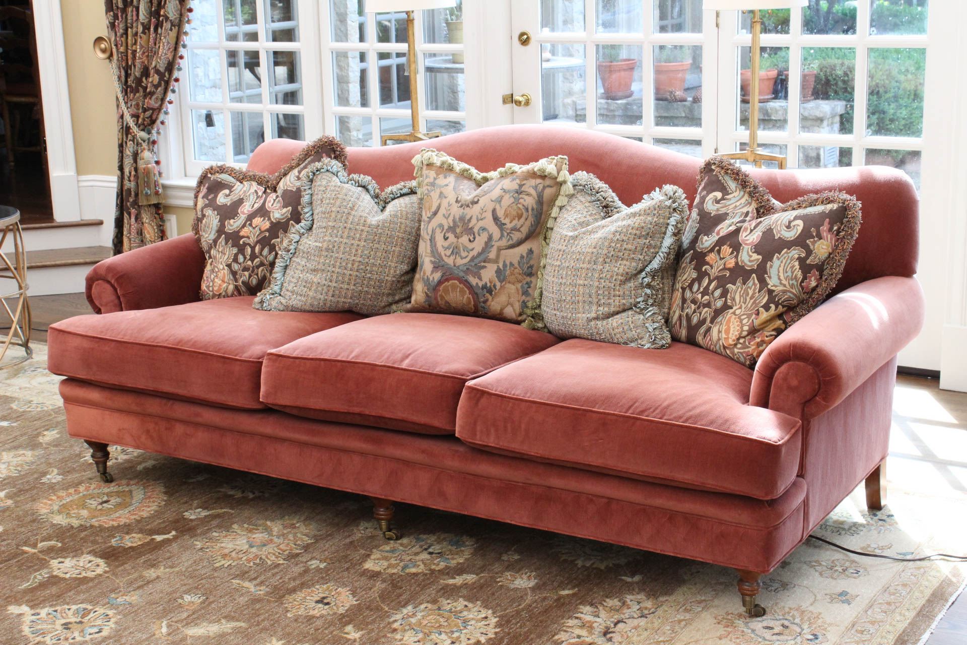 Custom Upholstered Camel Back Sofa