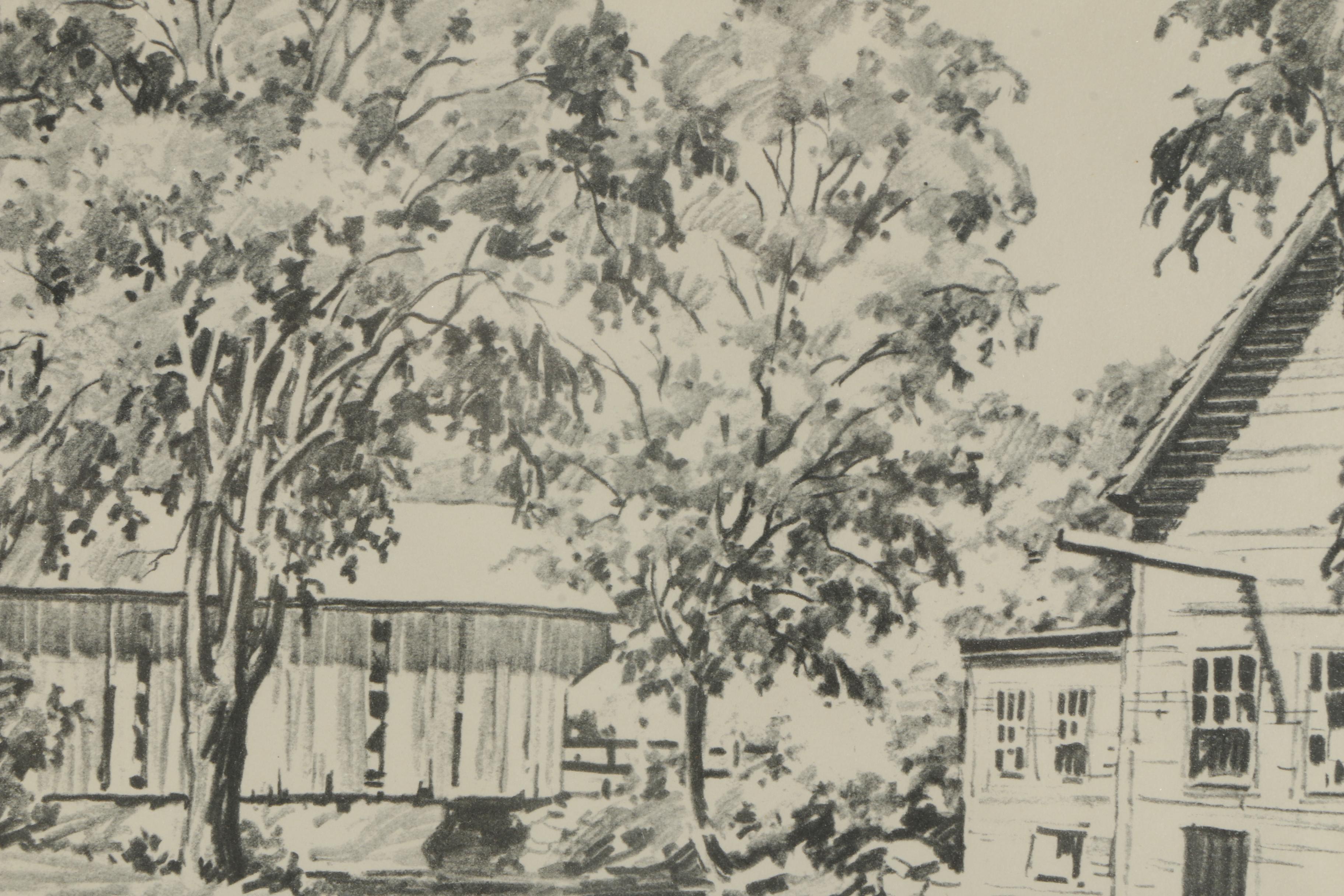 "Covered Bridge and Mill" by F.M. Rines Offset Lithograph on Paper