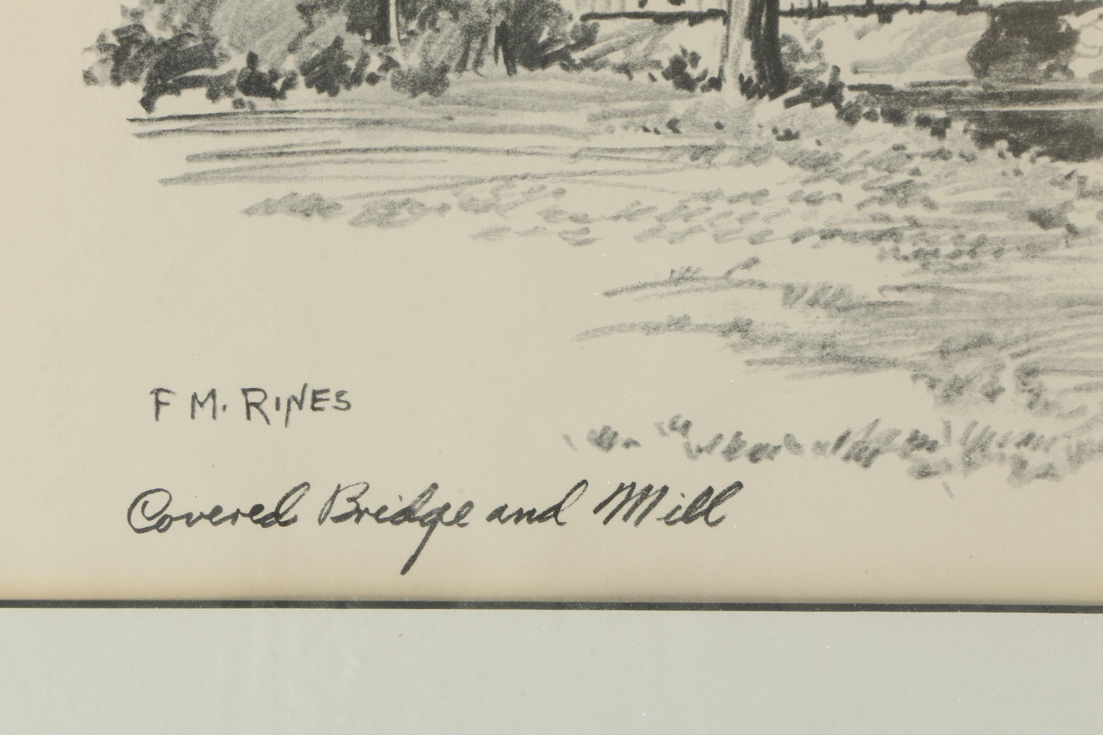 "Covered Bridge and Mill" by F.M. Rines Offset Lithograph on Paper