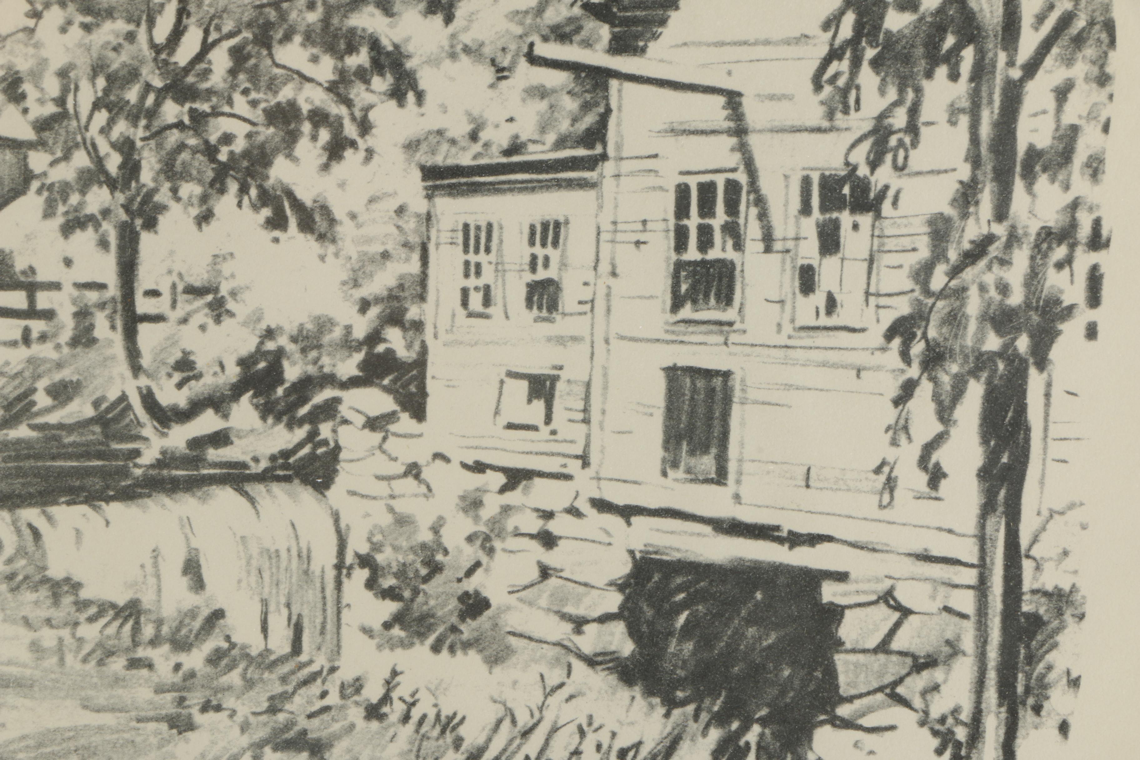 "Covered Bridge and Mill" by F.M. Rines Offset Lithograph on Paper