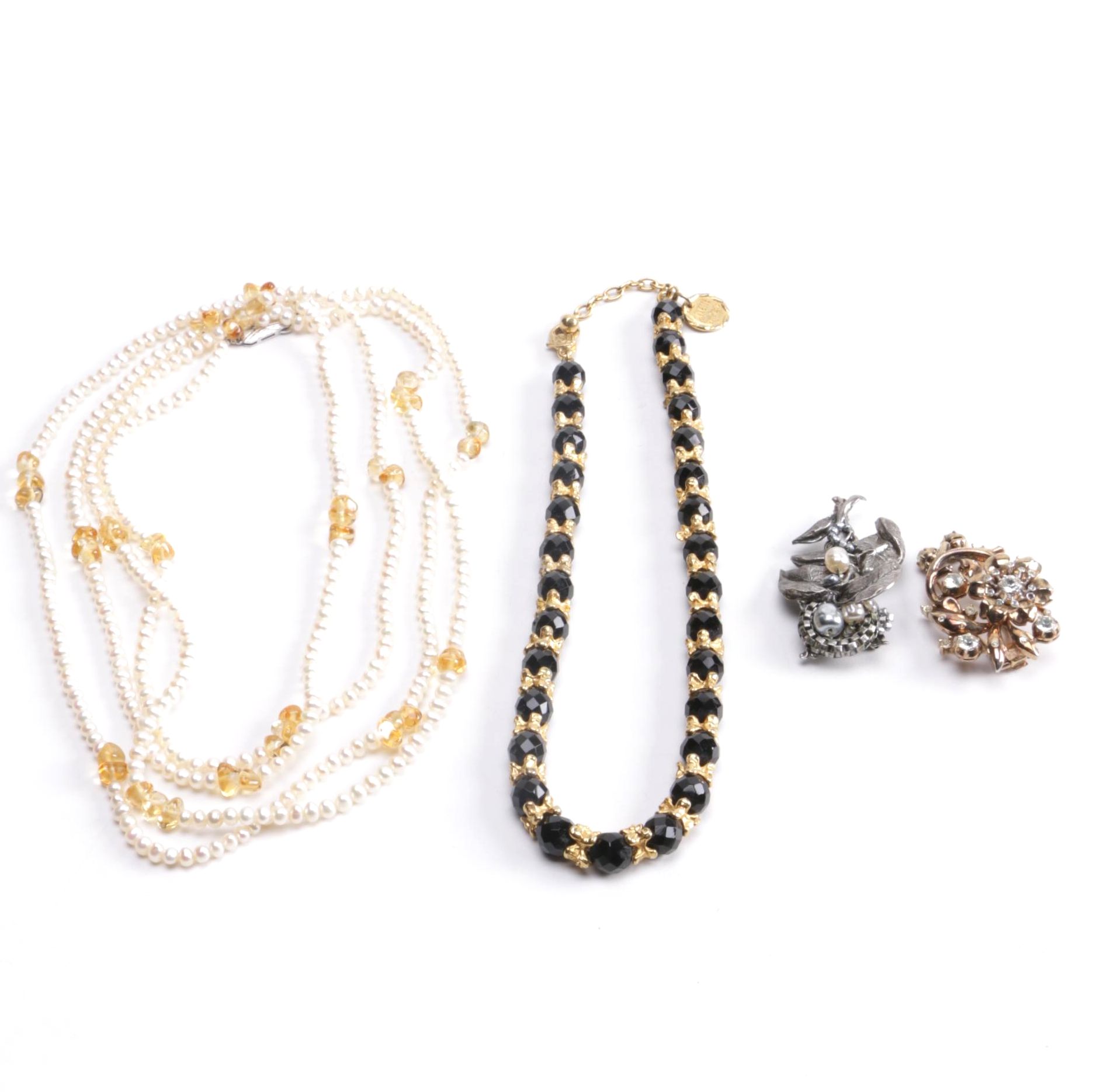 Assorted Designer Necklaces and Brooches Including Mirian Haskell and Trifari