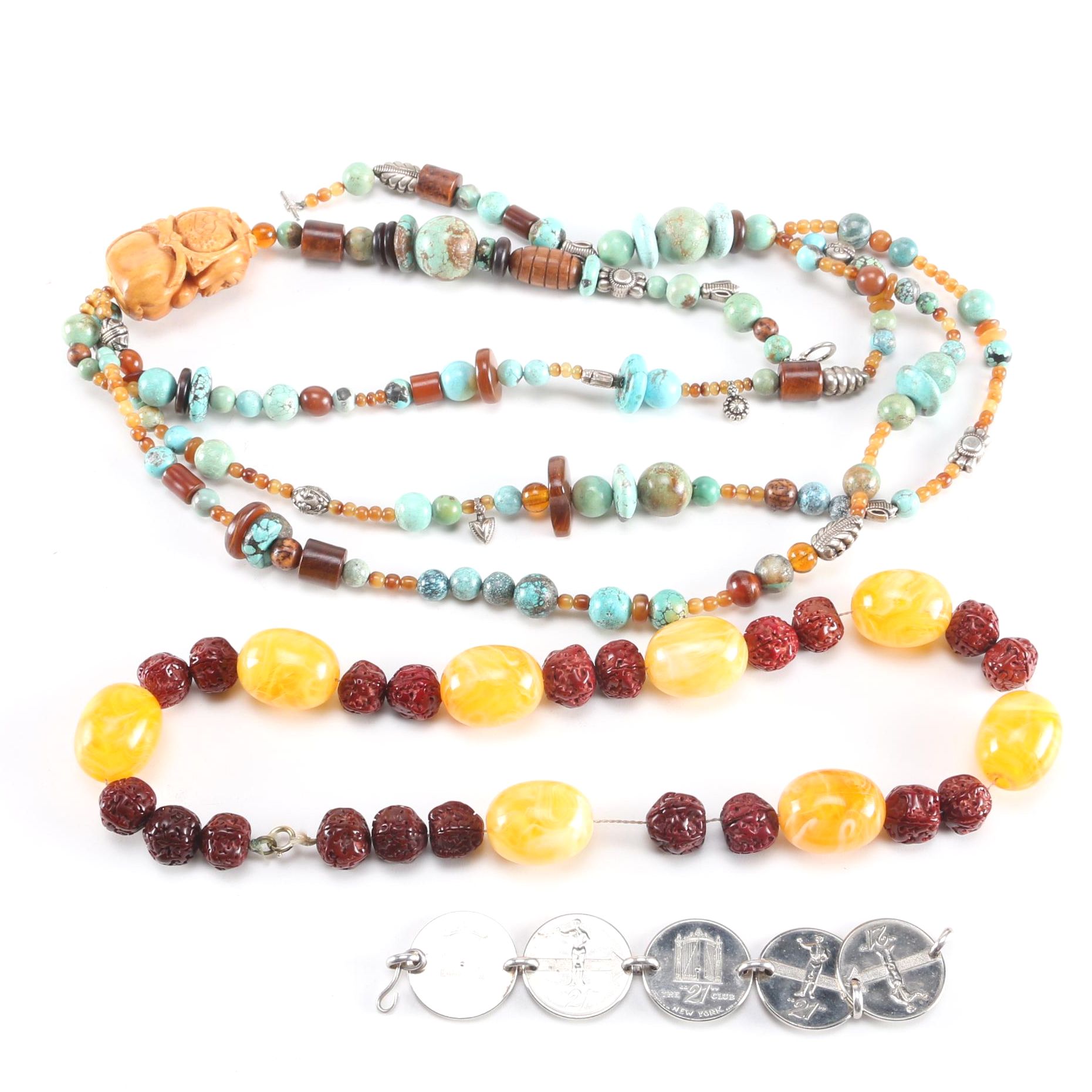 Beaded Necklaces and Silver Tone Bracelet