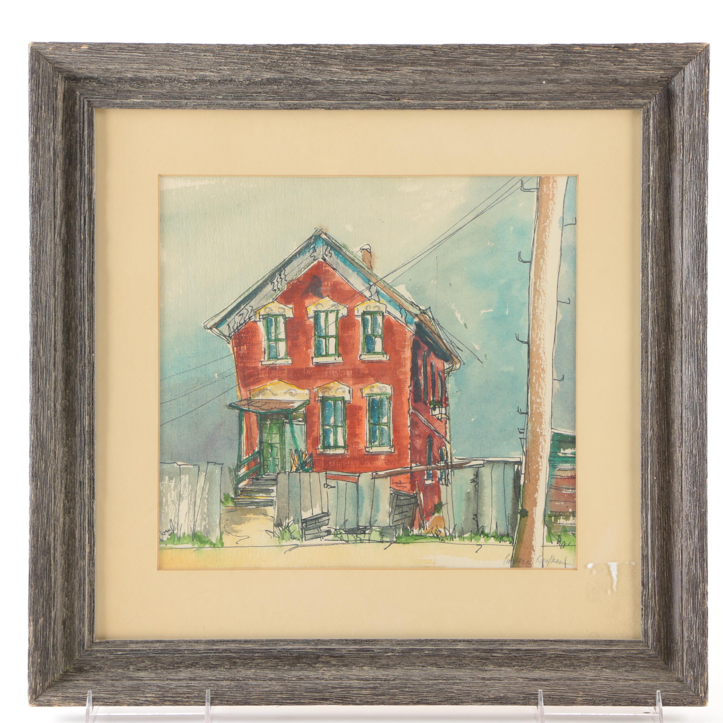 Barbara Kauffmann Watercolor Painting On Paper "Little O'Lady - Red House"