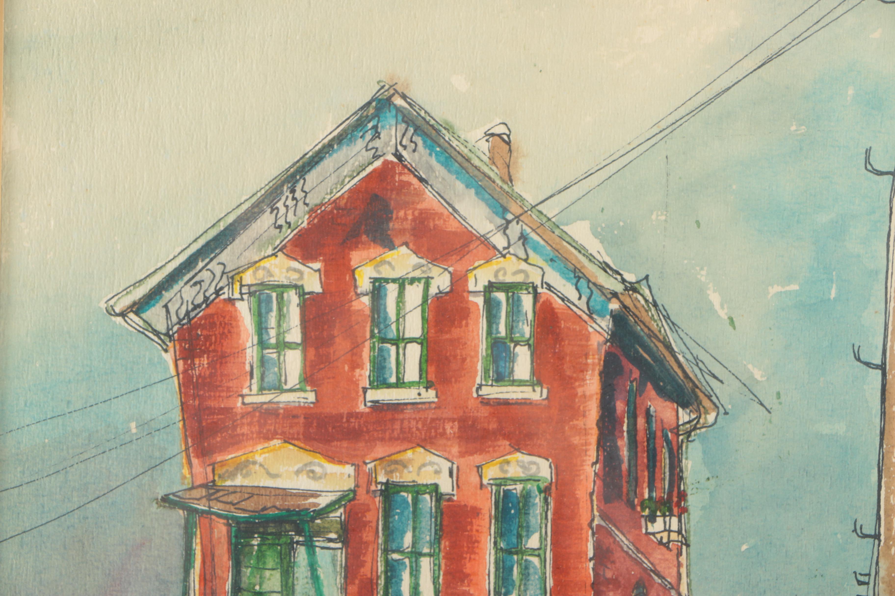 Barbara Kauffmann Watercolor Painting On Paper "Little O'Lady - Red House"