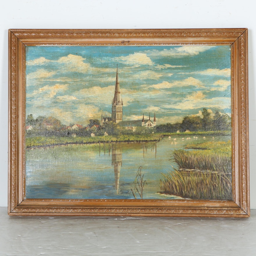 1951 Oil Painting on Canvas Board of the Salisbury Cathedral
