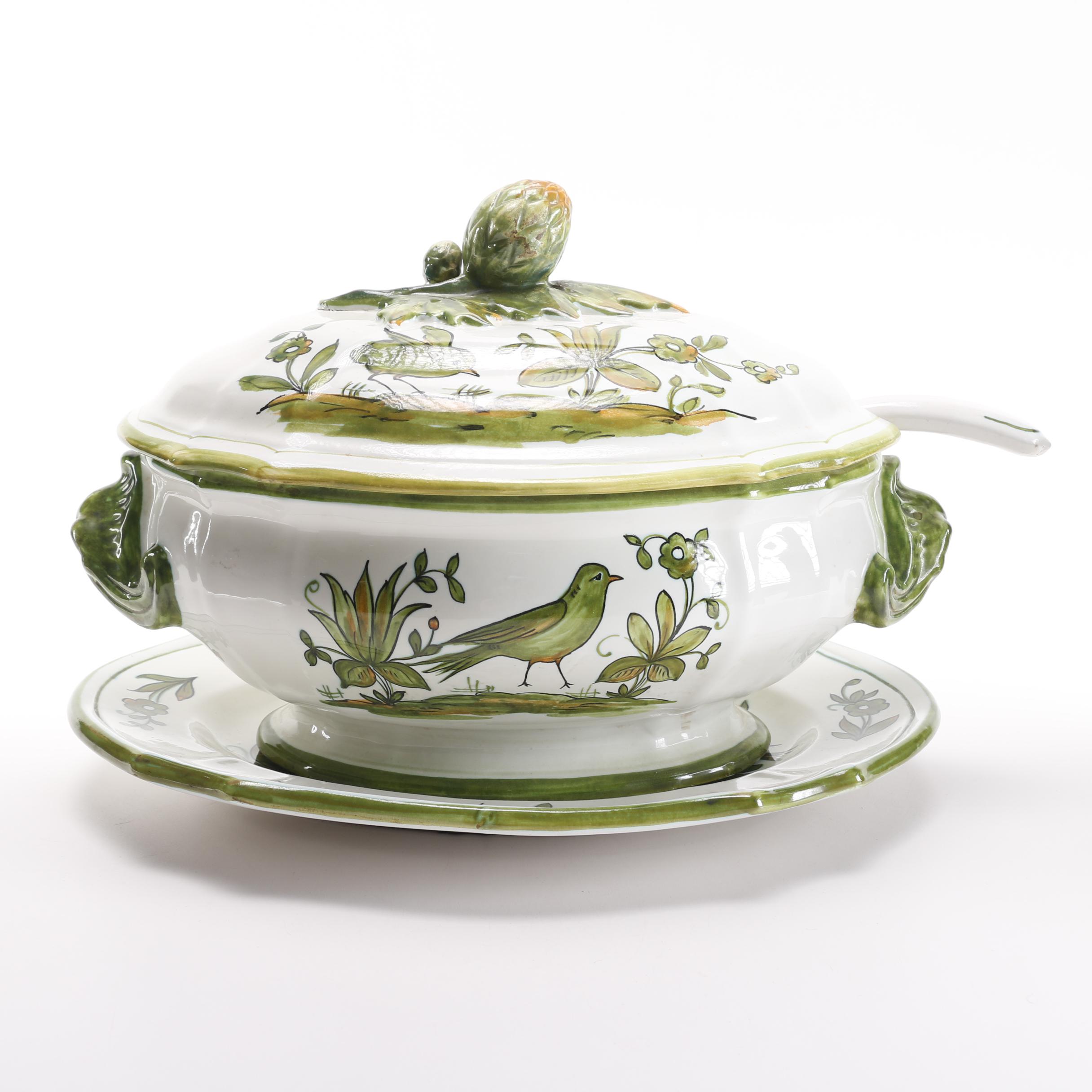 Italian Handmade Ceramic Soup Tureen With Ladle and Underplate