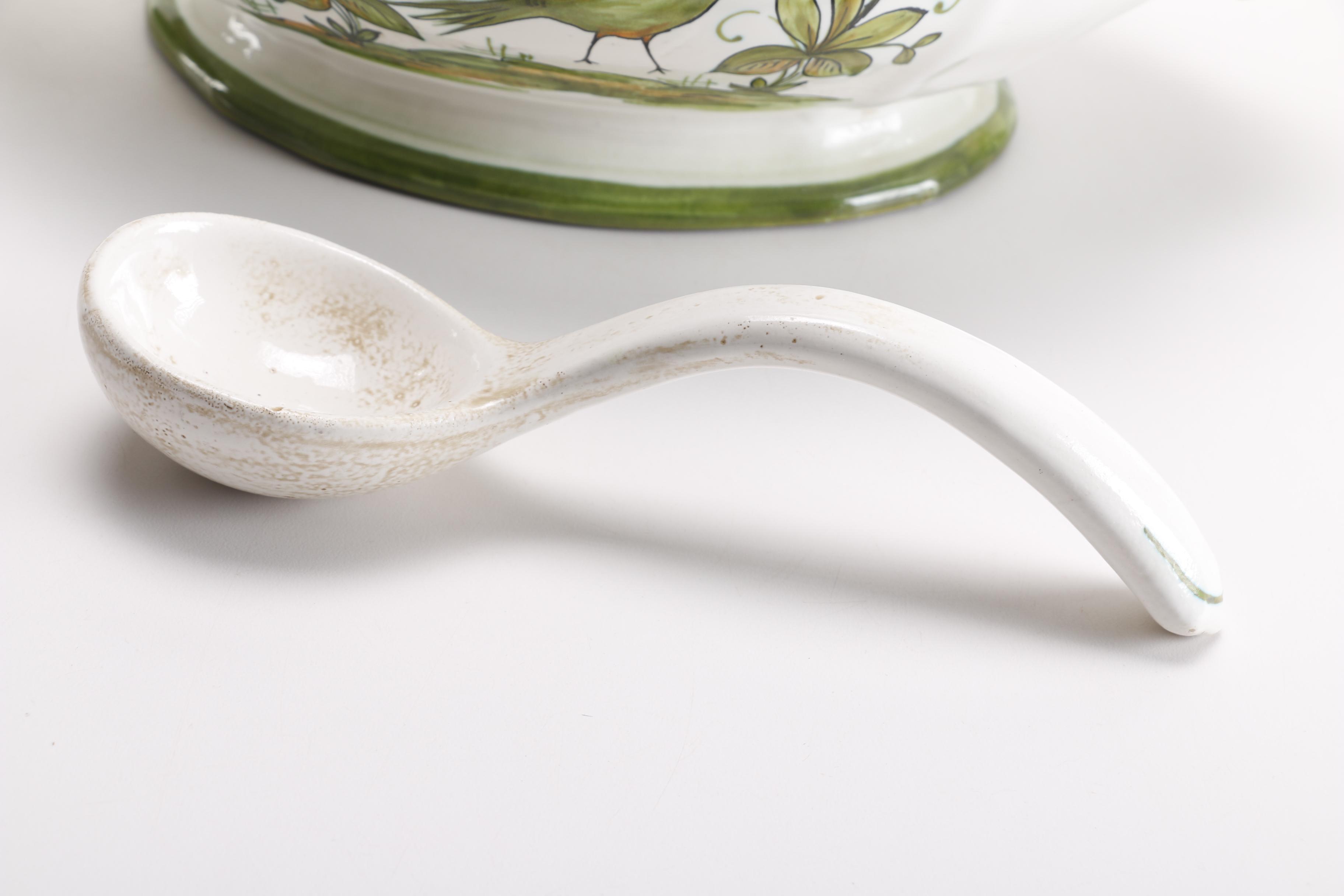 Italian Handmade Ceramic Soup Tureen With Ladle and Underplate