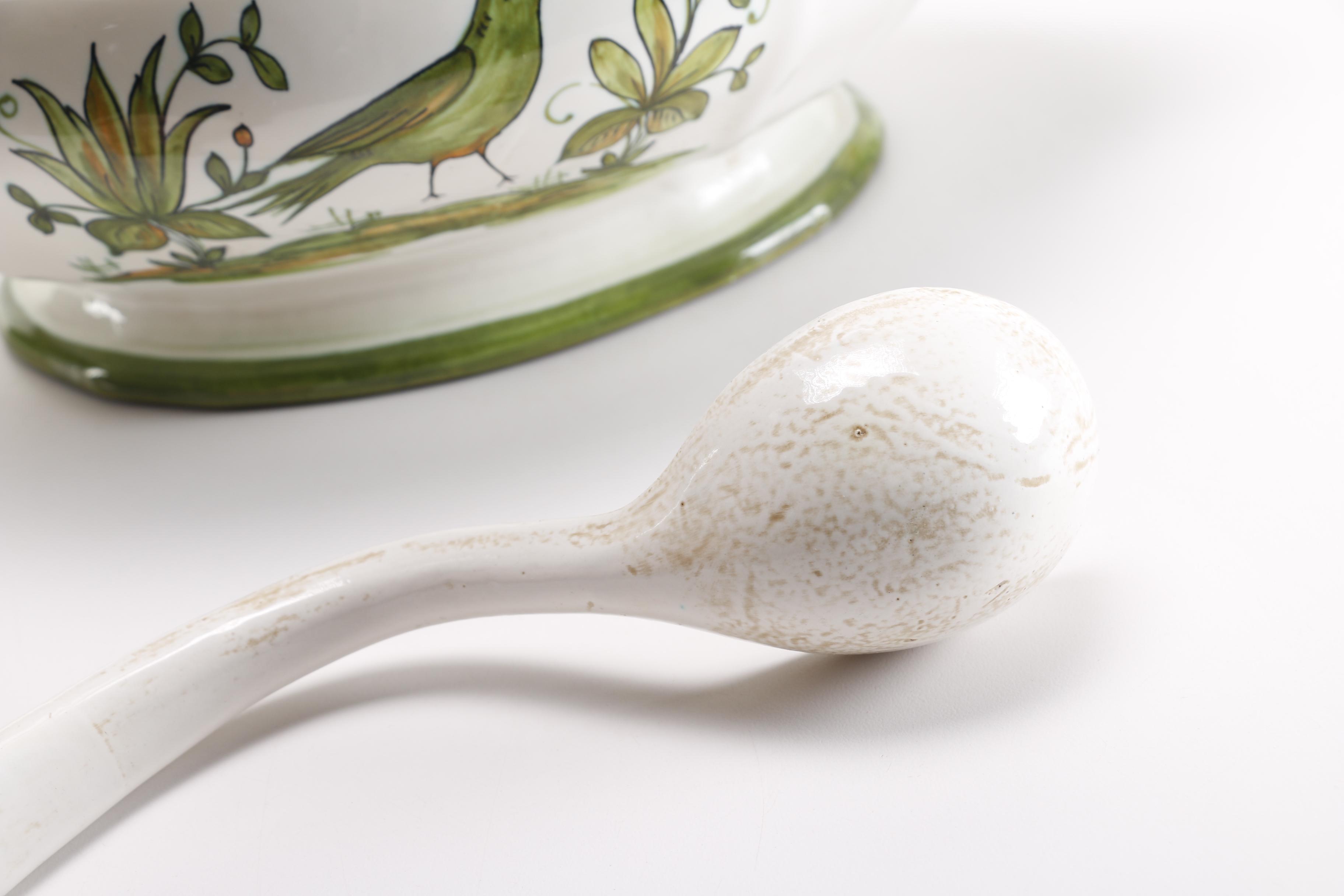 Italian Handmade Ceramic Soup Tureen With Ladle and Underplate