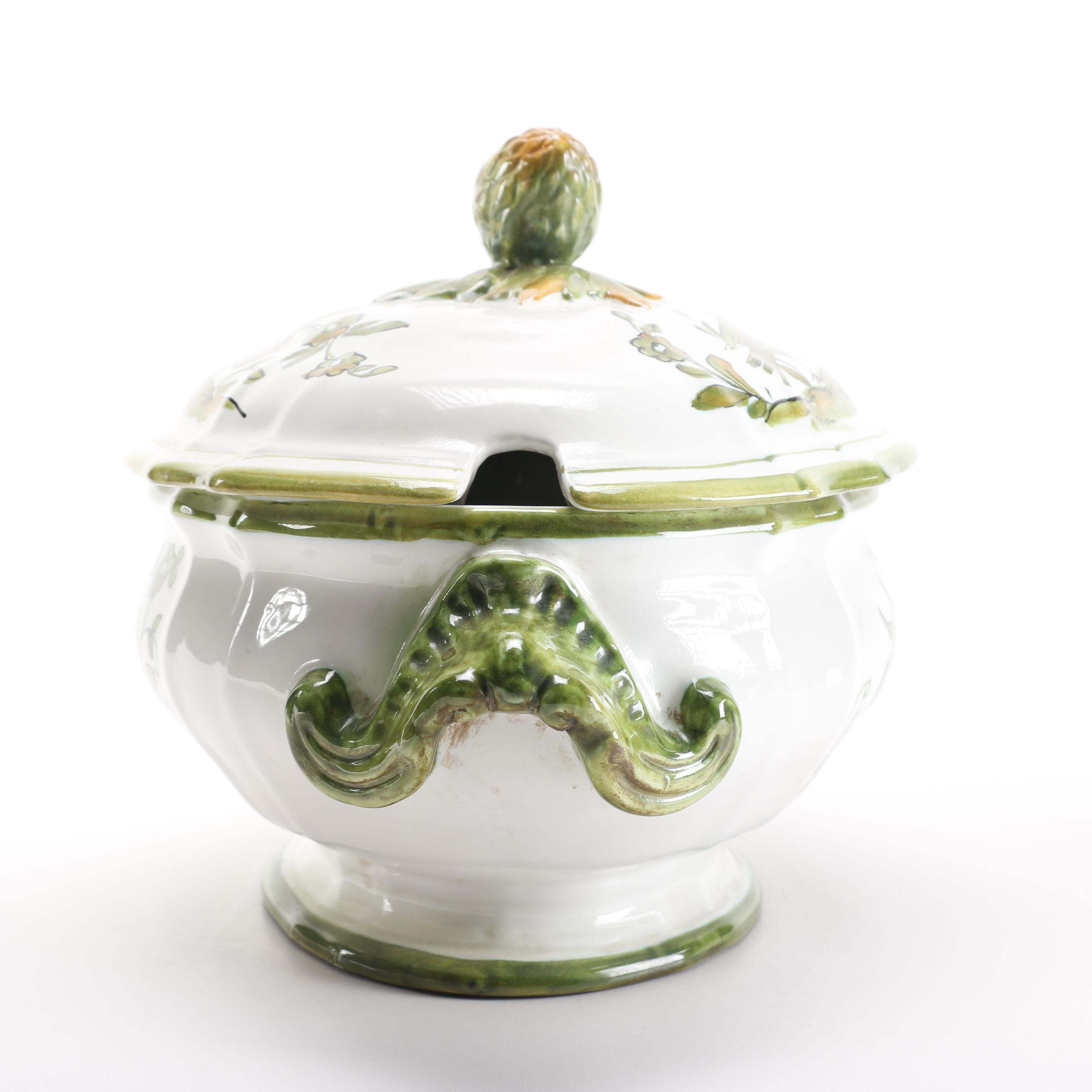 Italian Handmade Ceramic Soup Tureen With Ladle and Underplate