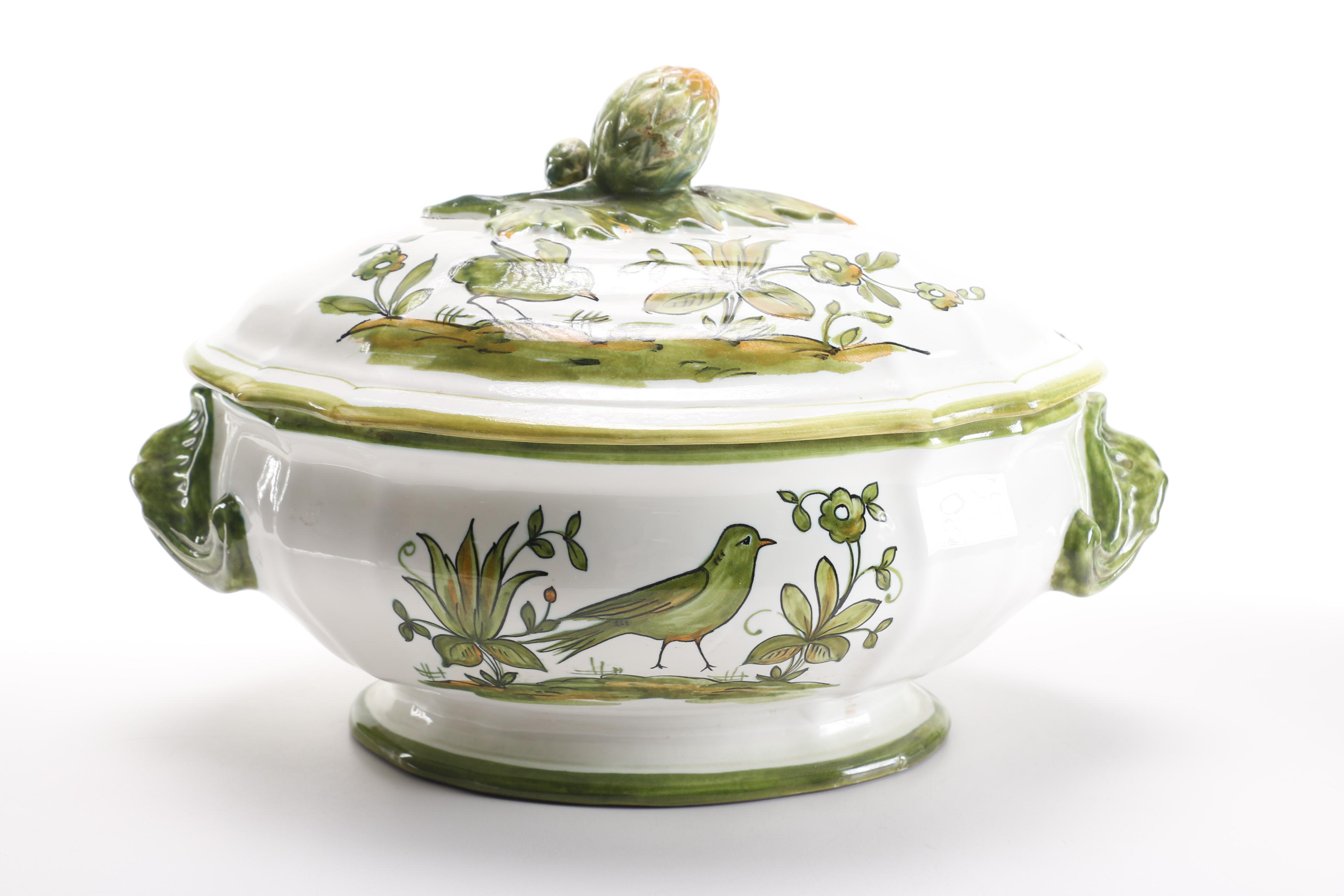 Italian Handmade Ceramic Soup Tureen With Ladle and Underplate