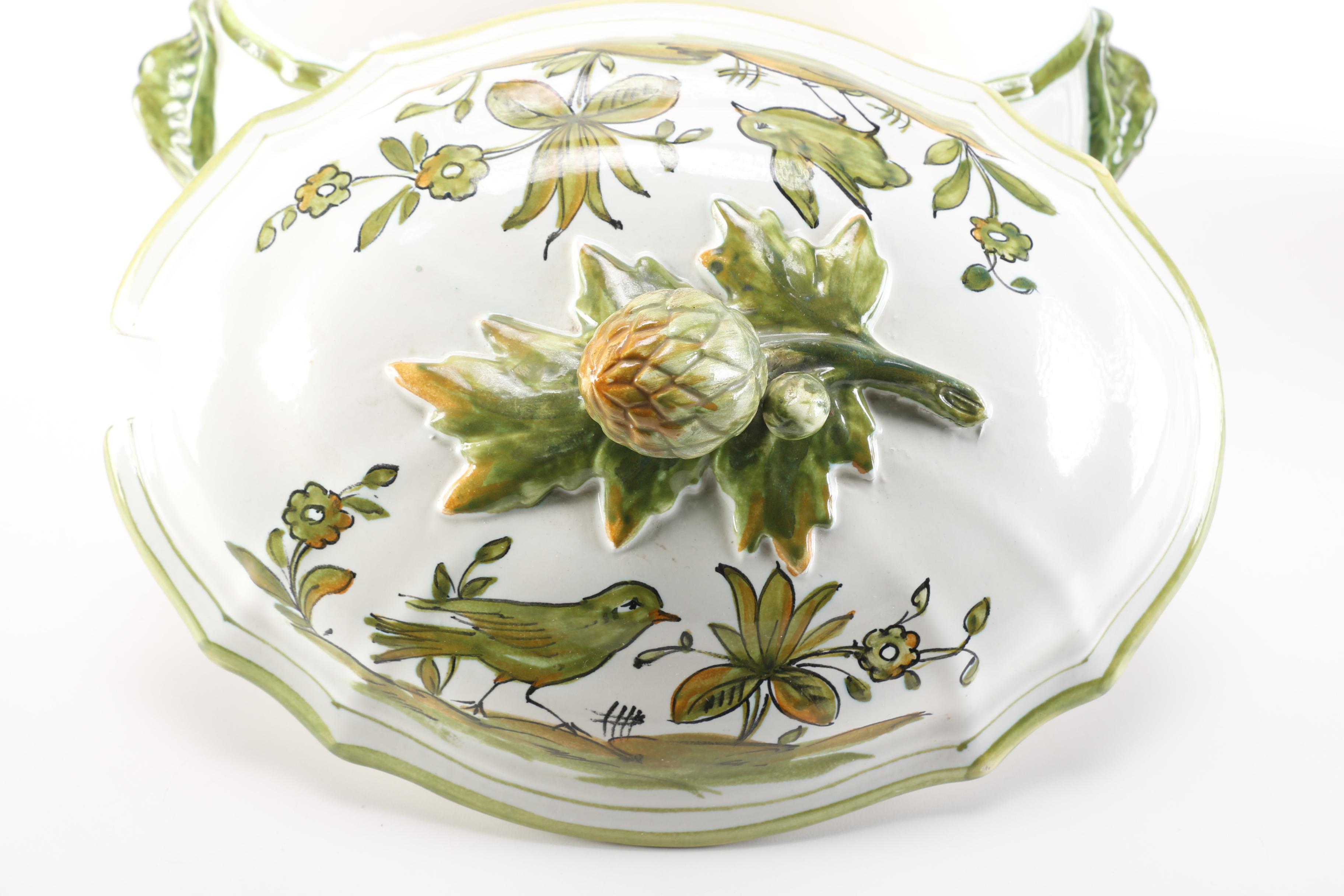 Italian Handmade Ceramic Soup Tureen With Ladle and Underplate