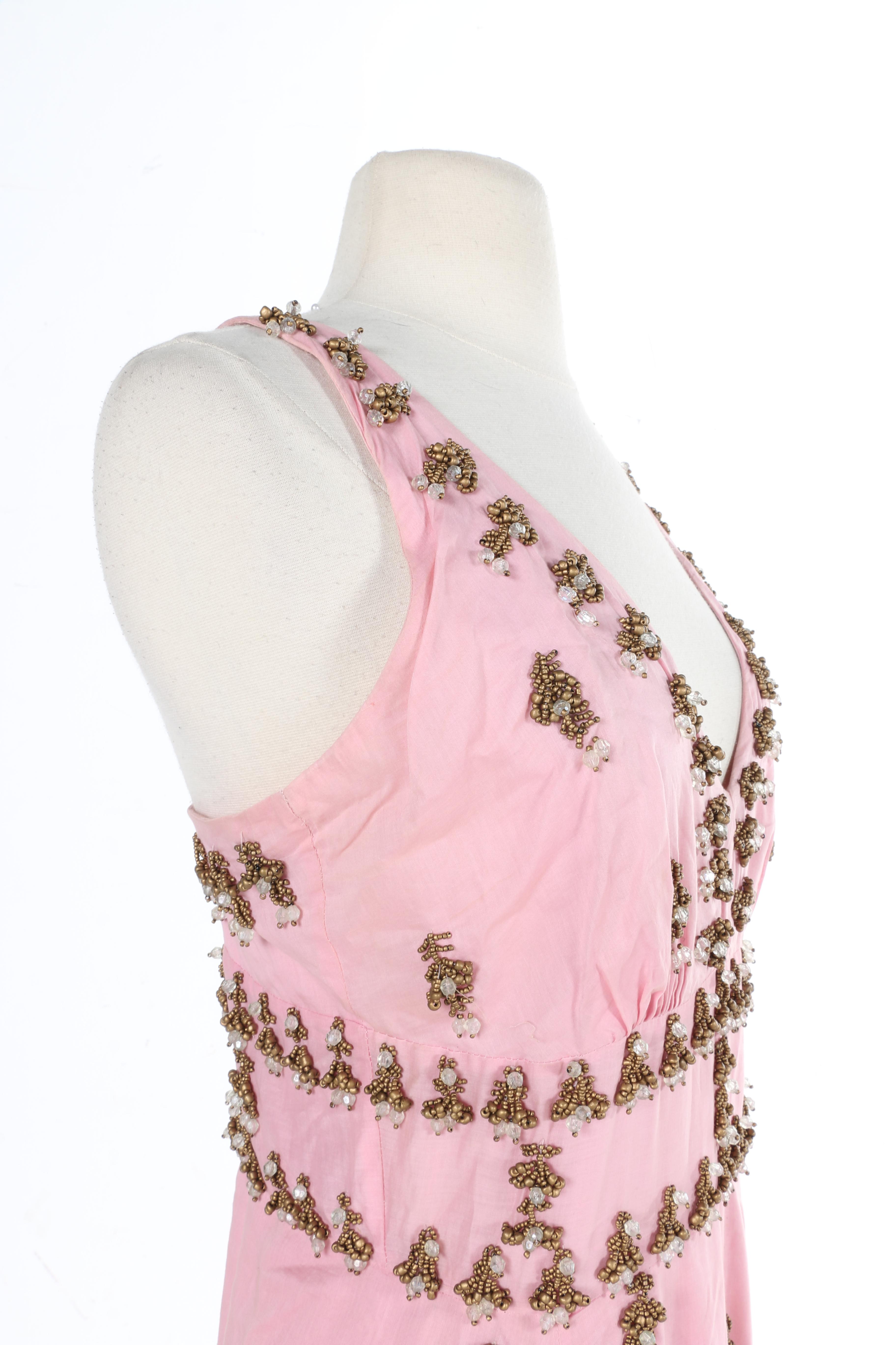 Tracy Reece Pink Cotton Beaded Sleeveless Halter Dress