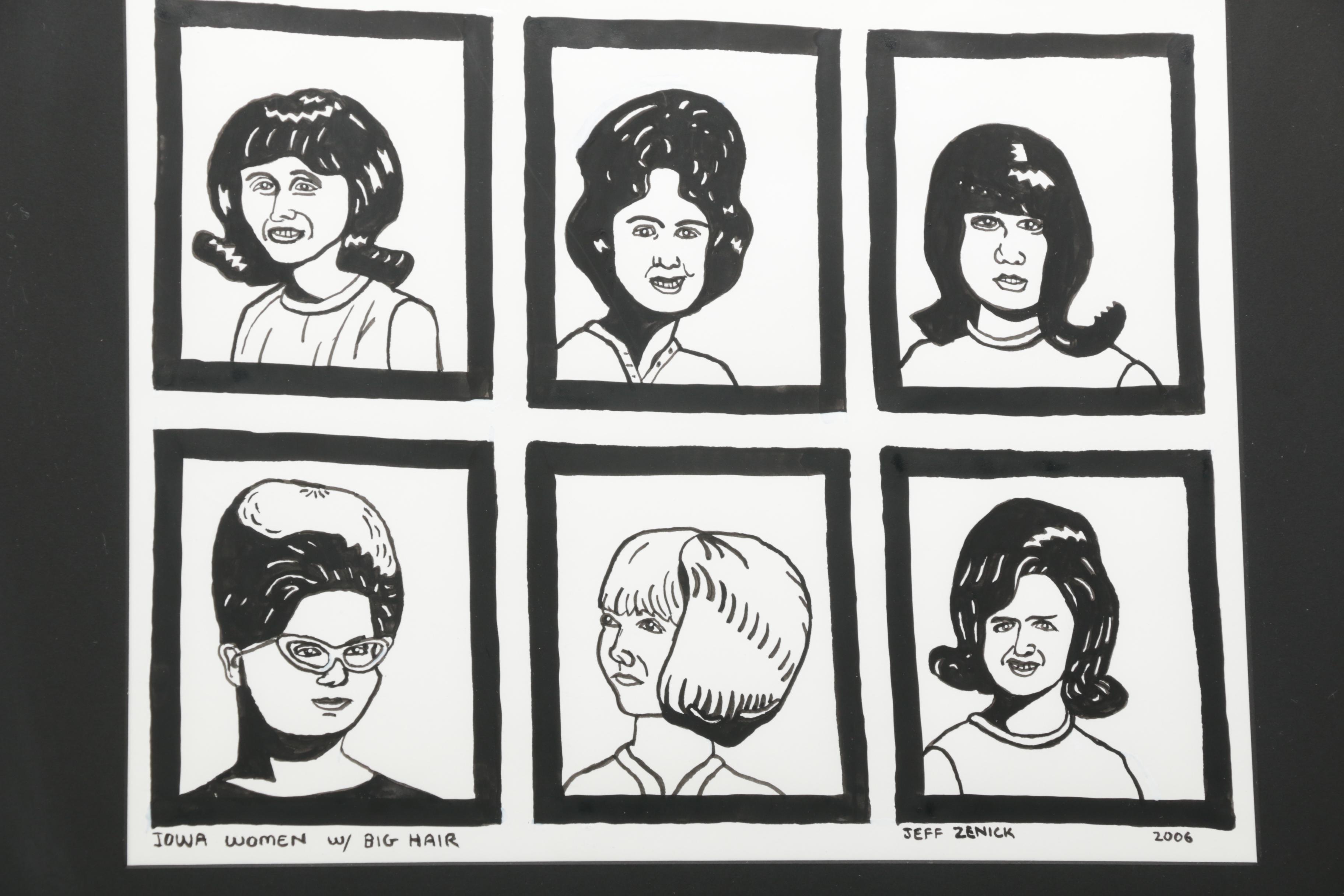 Jeff Zenick Marker Drawing on Paper "Iowa Women W/ Big Hair"