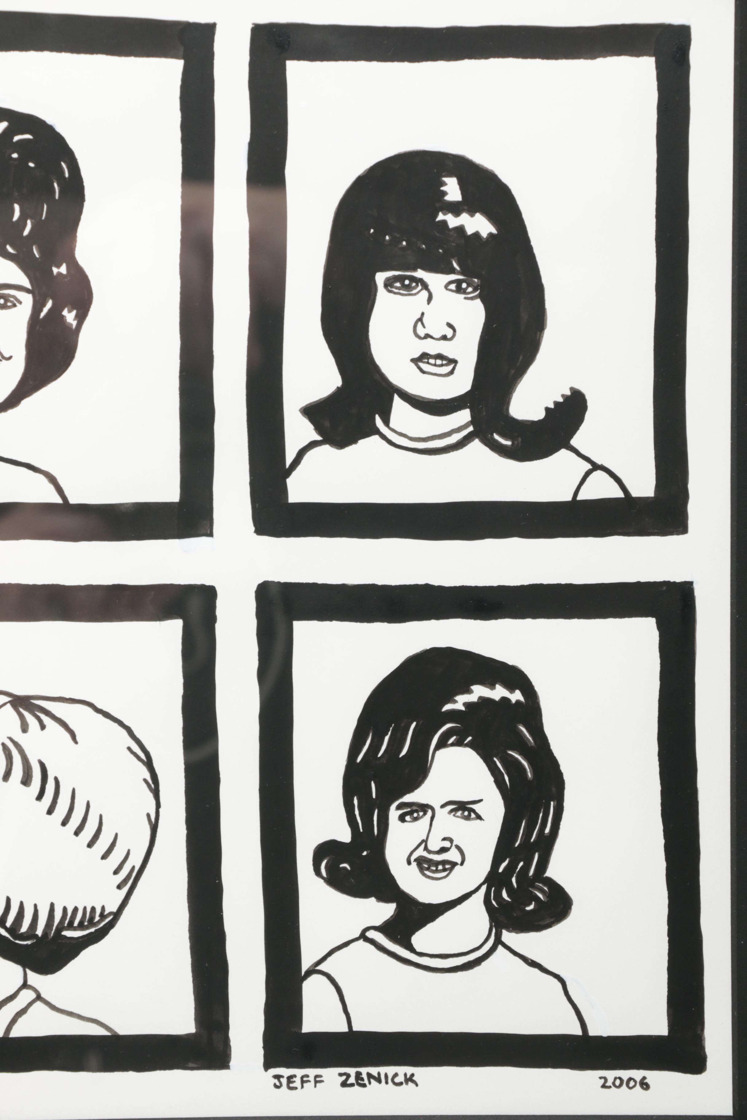 Jeff Zenick Marker Drawing on Paper "Iowa Women W/ Big Hair"