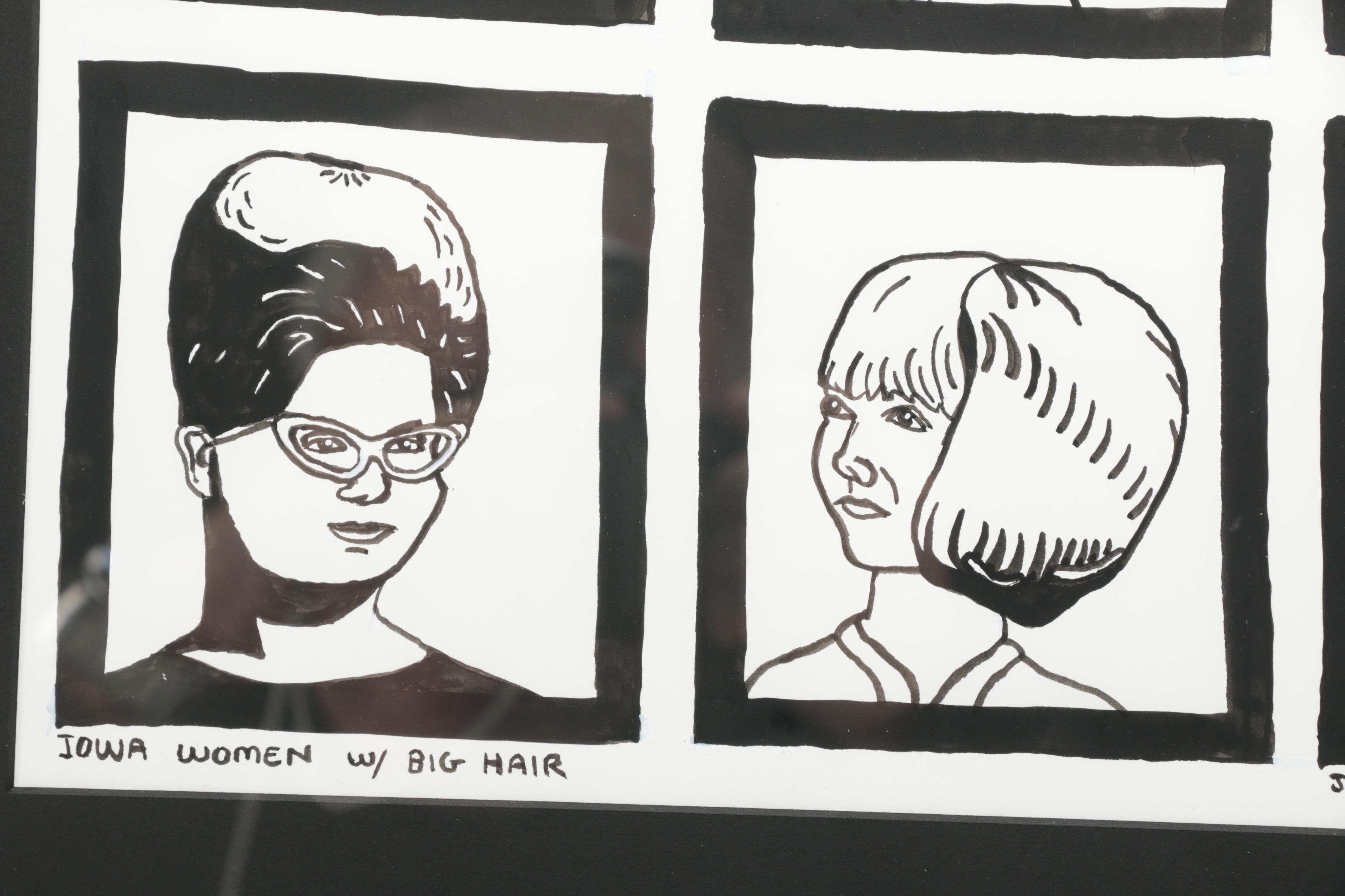 Jeff Zenick Marker Drawing on Paper "Iowa Women W/ Big Hair"
