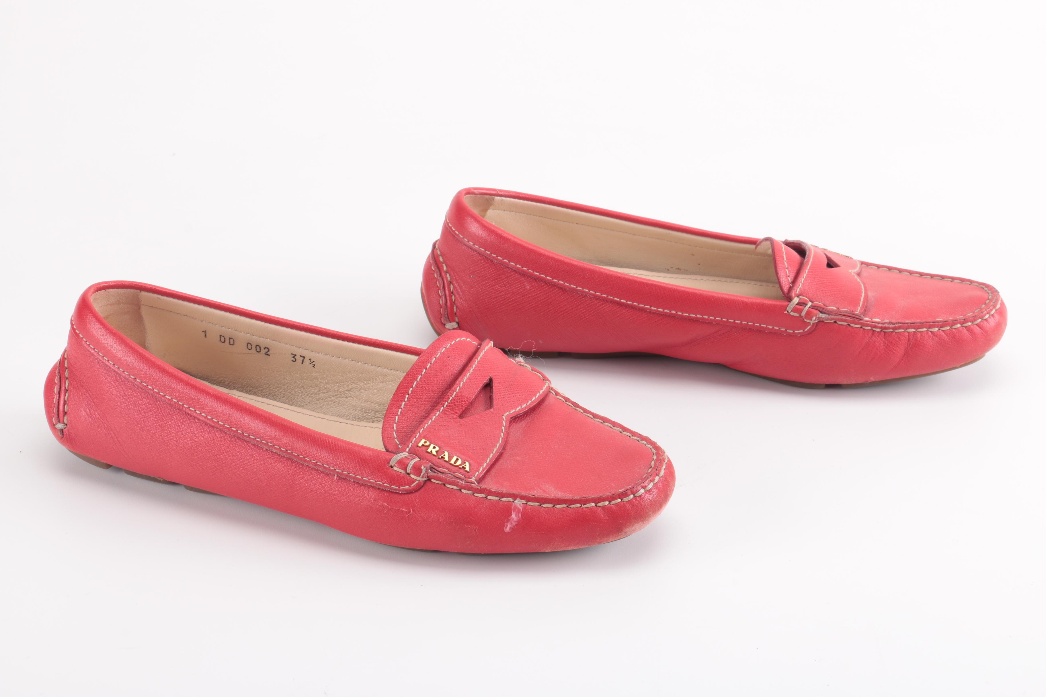 Women's Red Leather Prada Loafers