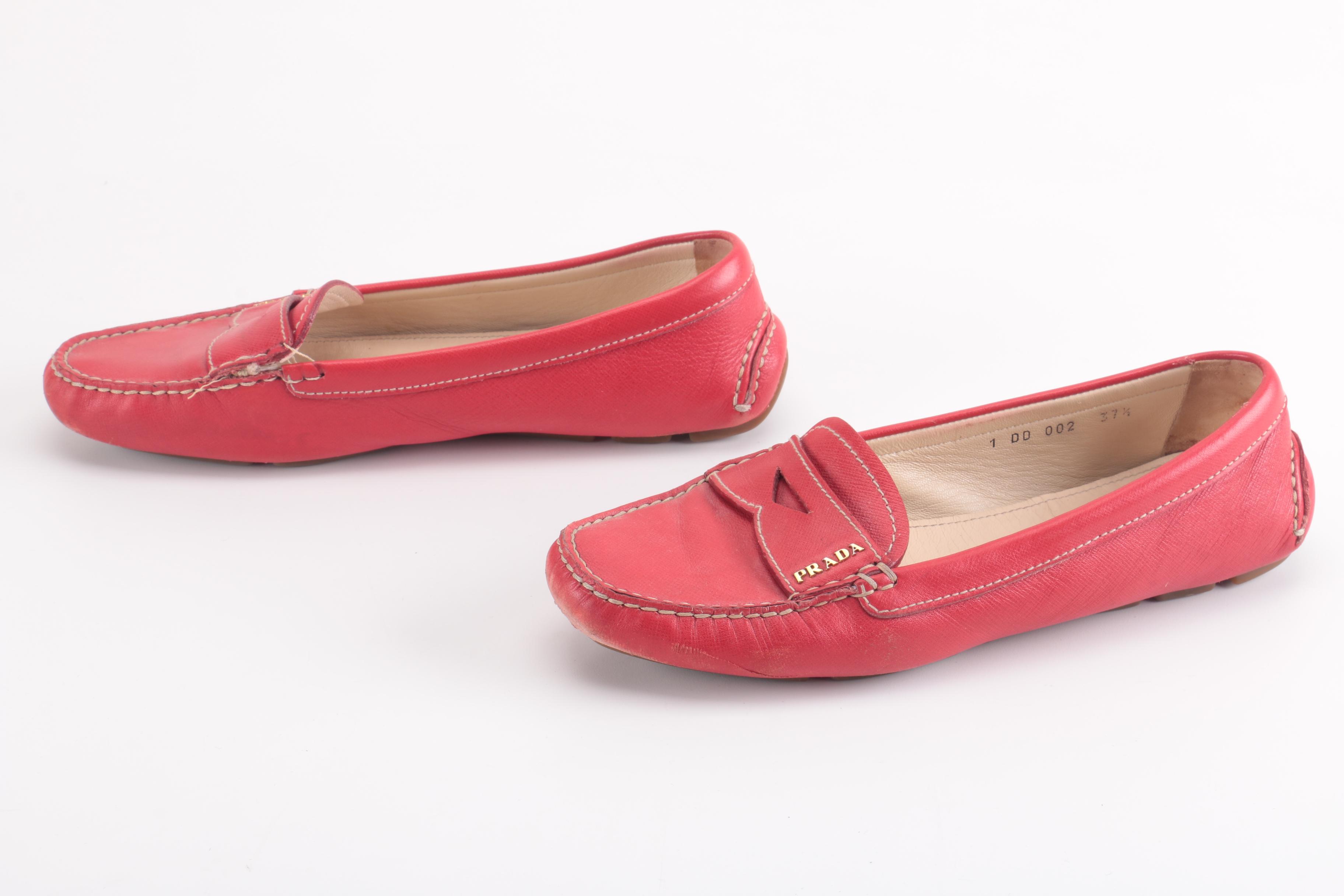 Women's Red Leather Prada Loafers
