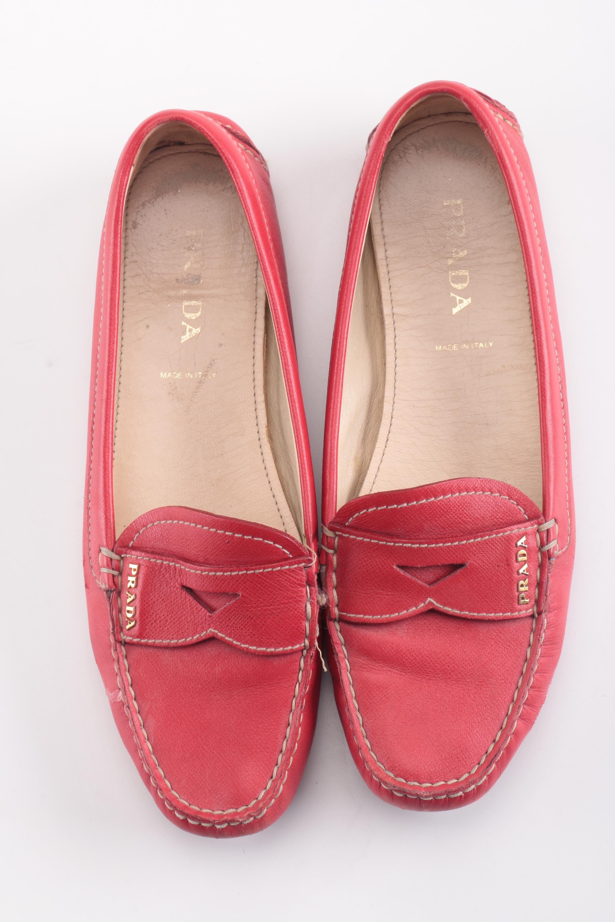 Women's Red Leather Prada Loafers