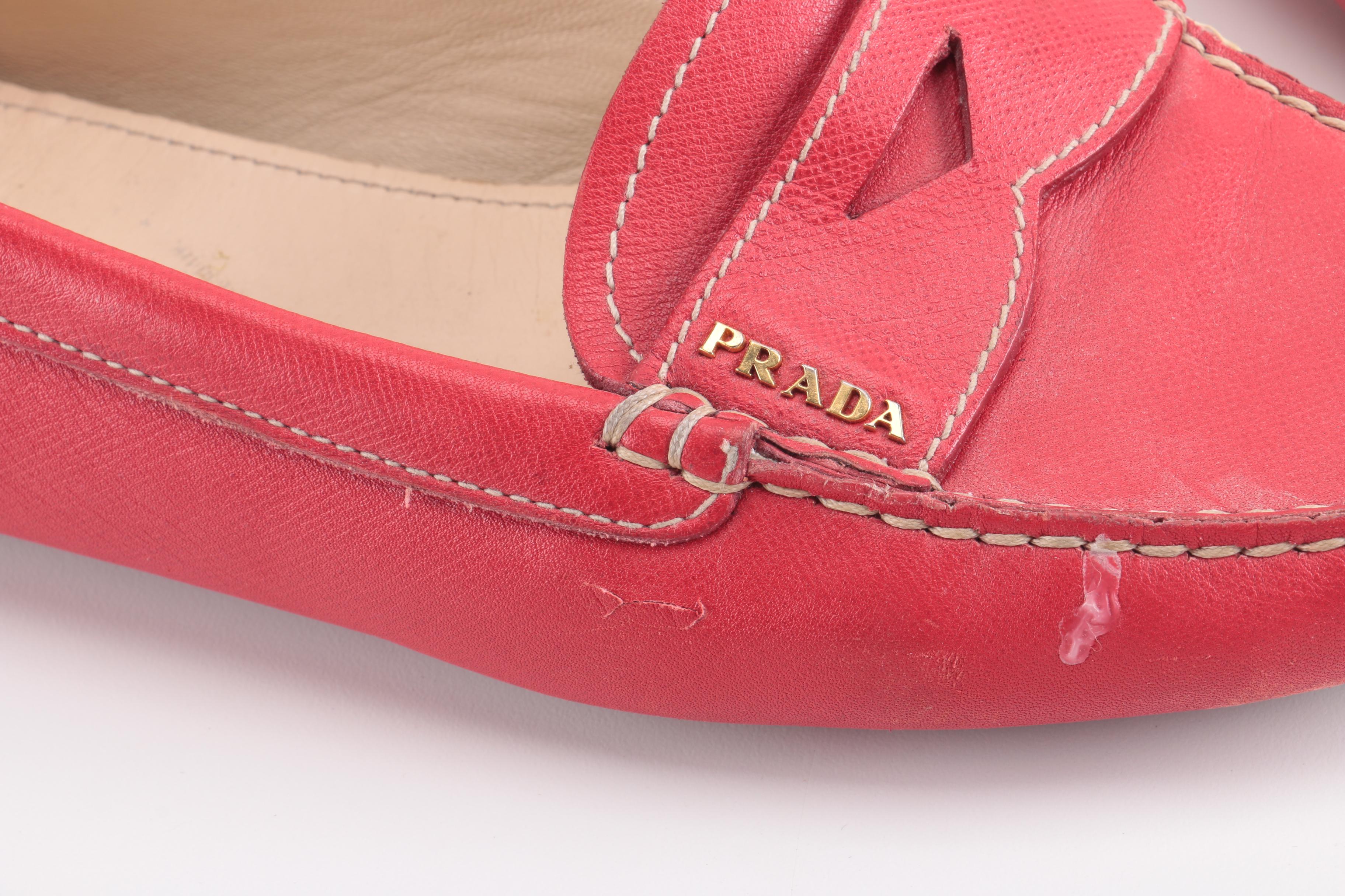 Women's Red Leather Prada Loafers