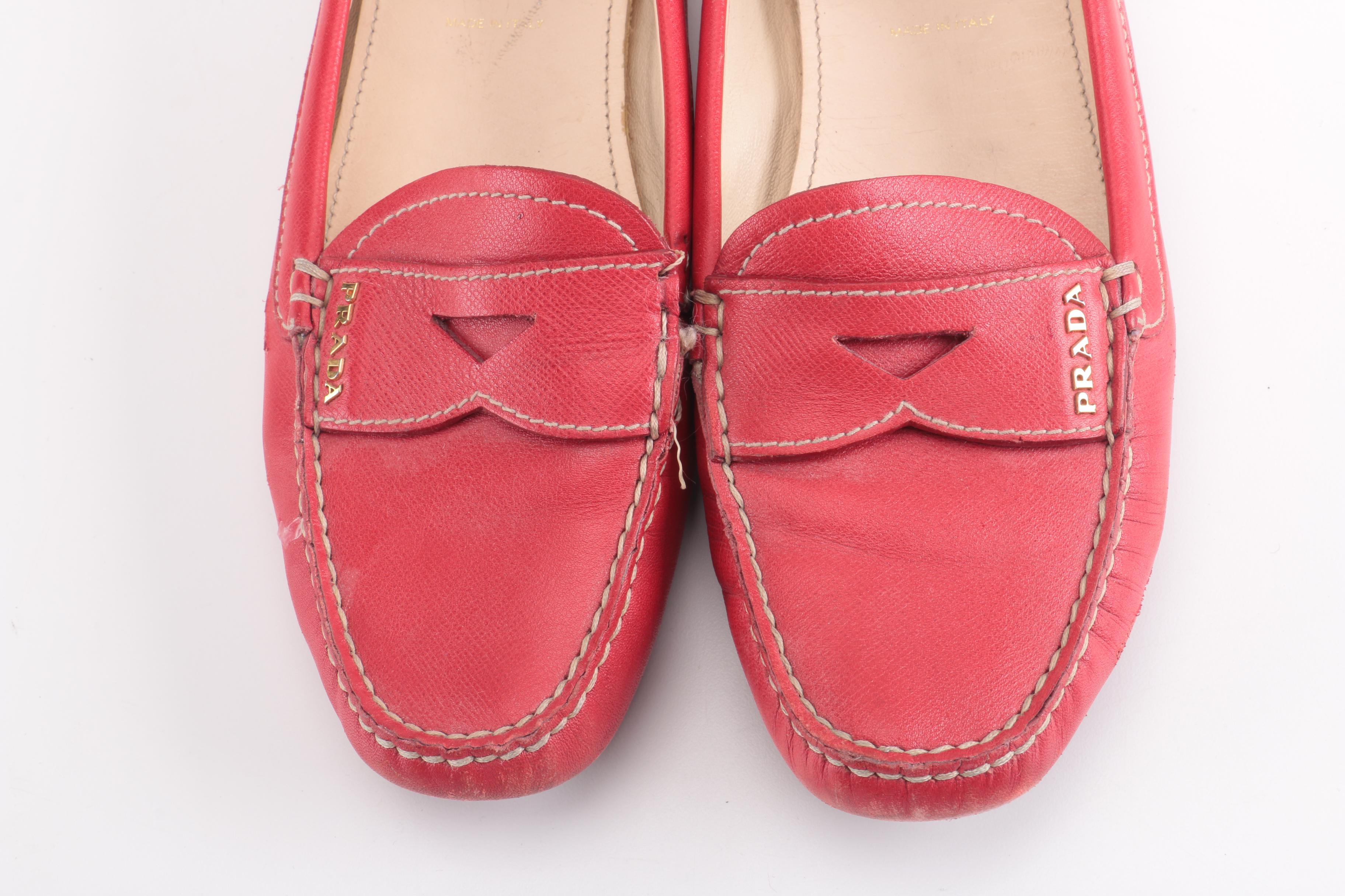 Women's Red Leather Prada Loafers