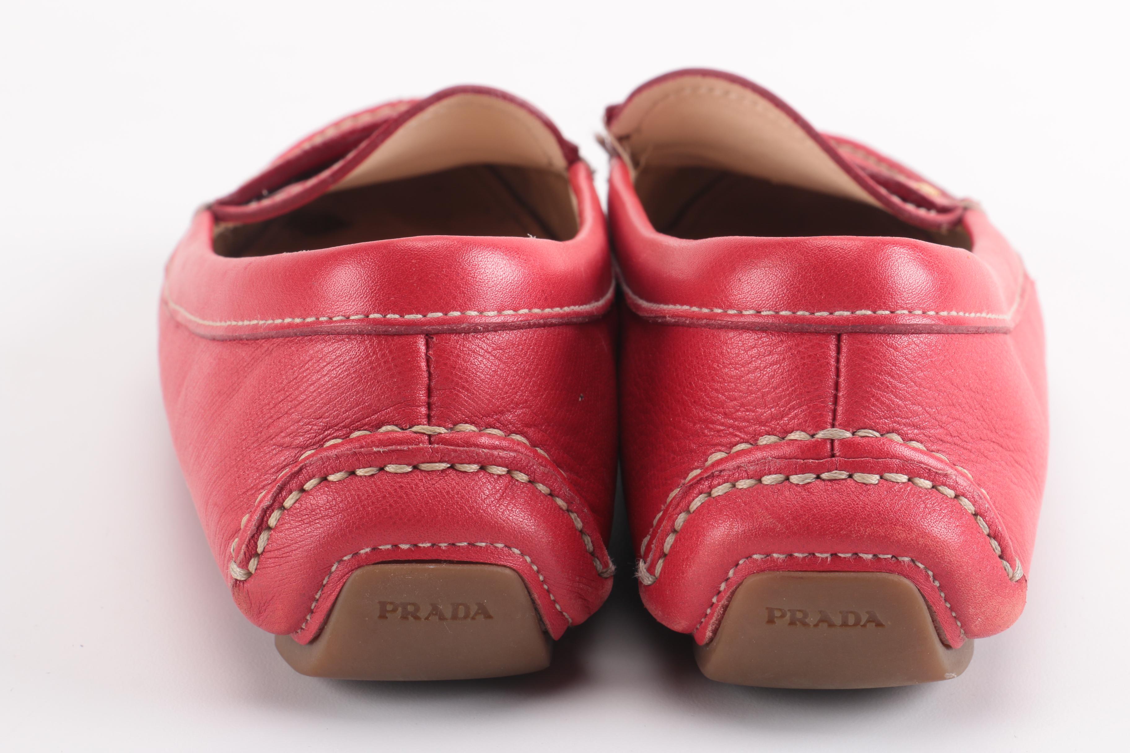Women's Red Leather Prada Loafers
