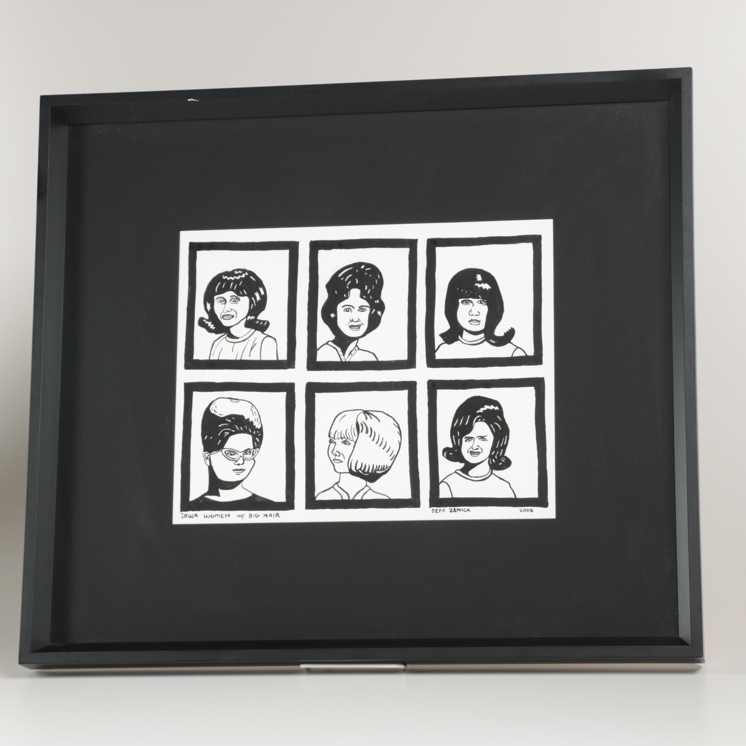 Jeff Zenick Marker Drawing on Paper "Iowa Women W/ Big Hair"