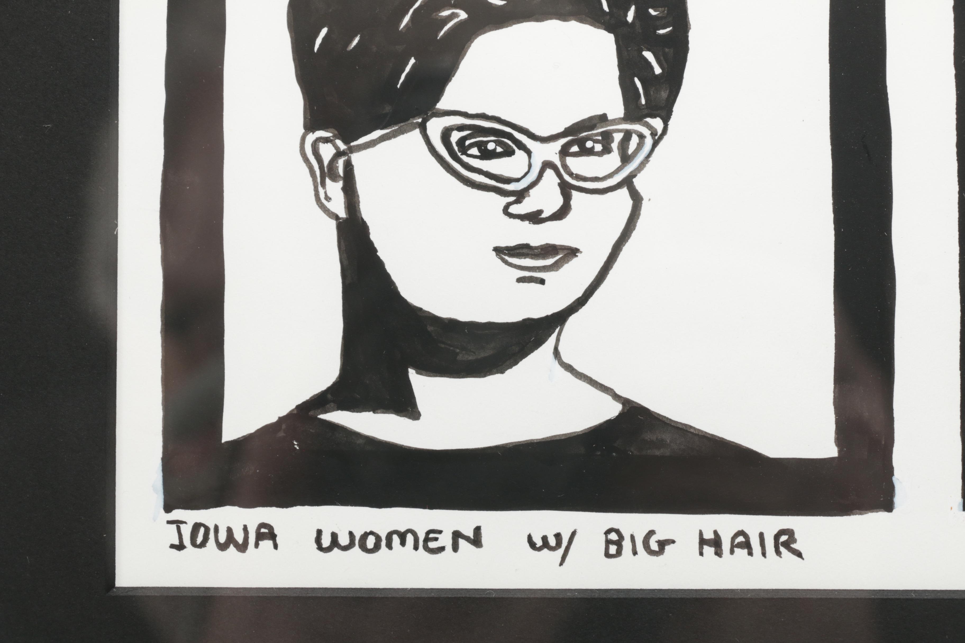 Jeff Zenick Marker Drawing on Paper "Iowa Women W/ Big Hair"